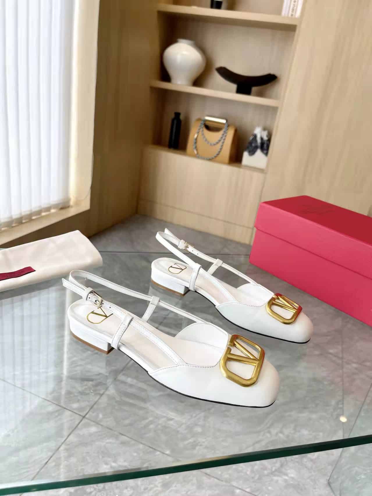 Valentino Garavani V Logo Leather Slingback Flats White