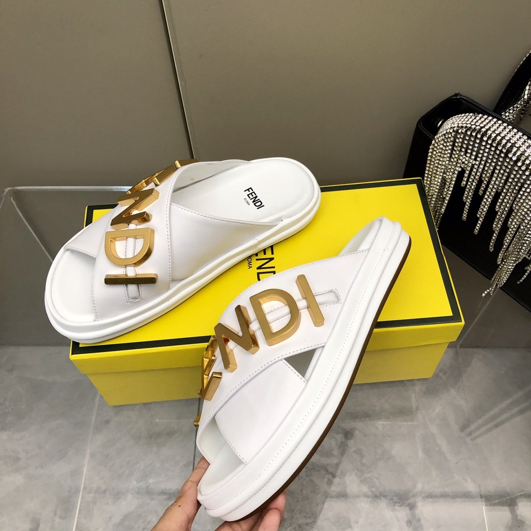 Fendi Fendigraphy Leather Slides White