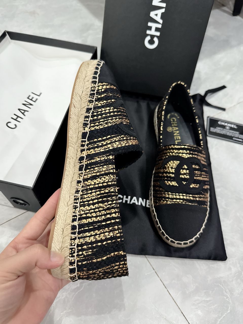 Chanel Metallic Tweed Grosgrain Cc Espadrilles Slip On Gold Black