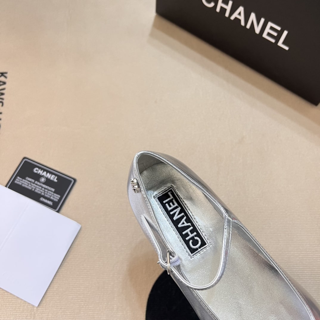 Chanel Square Toe Ballet Flats Black Silver