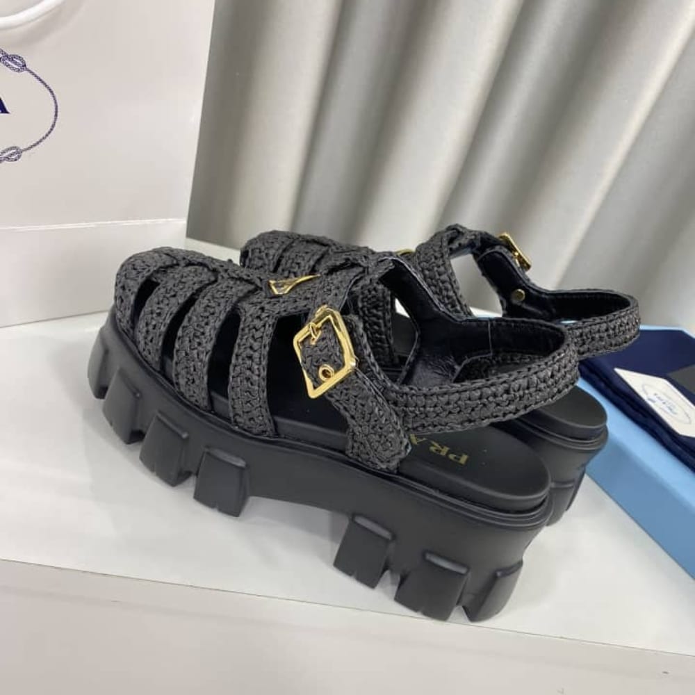 Prada Monolith Crochet Cage Sandals Black 1X138N 3L8W F0002 F 055