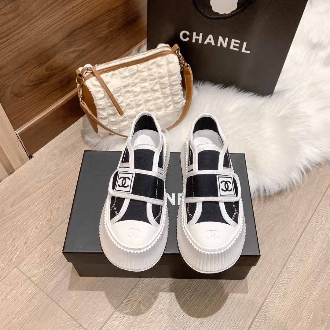 Chanel White Cc Cap Toe Slipon Sneaker Black