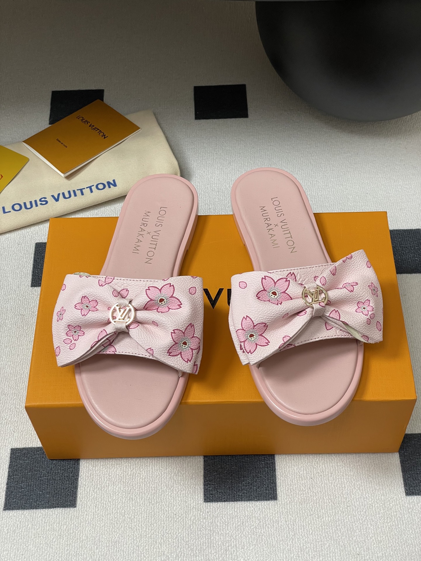 Louis Vuitton x Takashi Murakami Lily Flat Mule Bow Slide Sandals Pink- White 1AGVYA