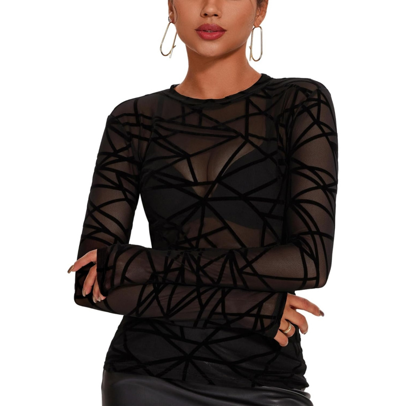 Women's Mesh Long Sleeve Tops Crew Neck Sexy