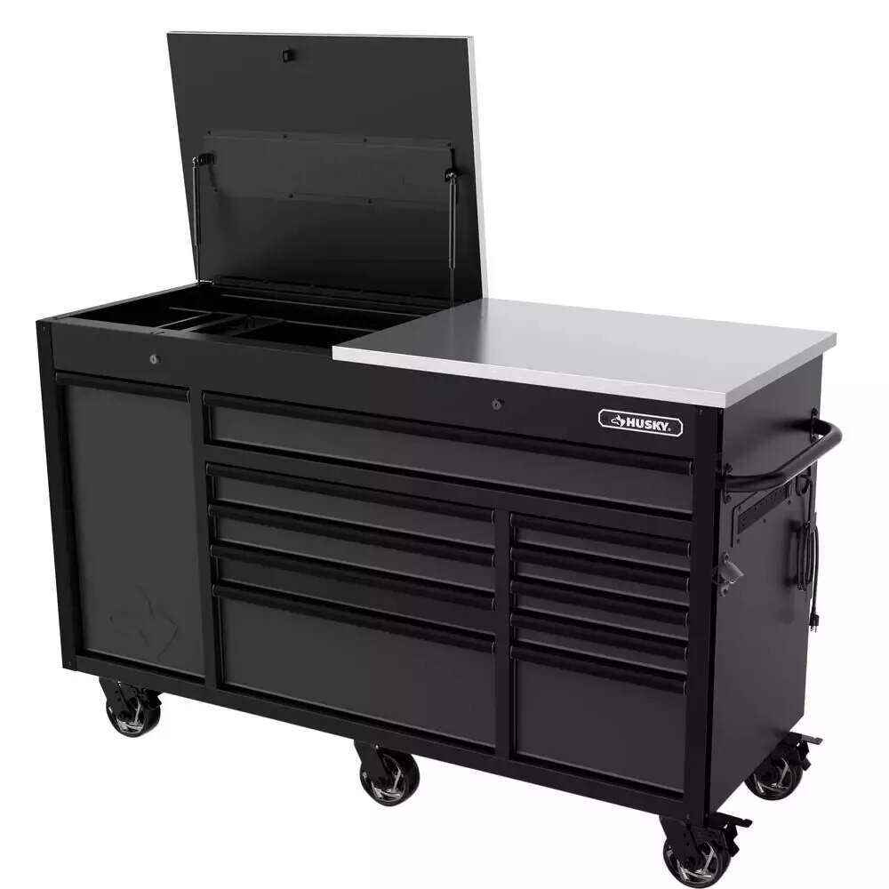 Husky 63 in. W x 23 in. D Heavy Duty 11-Drawer Mobile Workbench Cabinet with Flip-Top Stainless Steel Top in Matte Black
