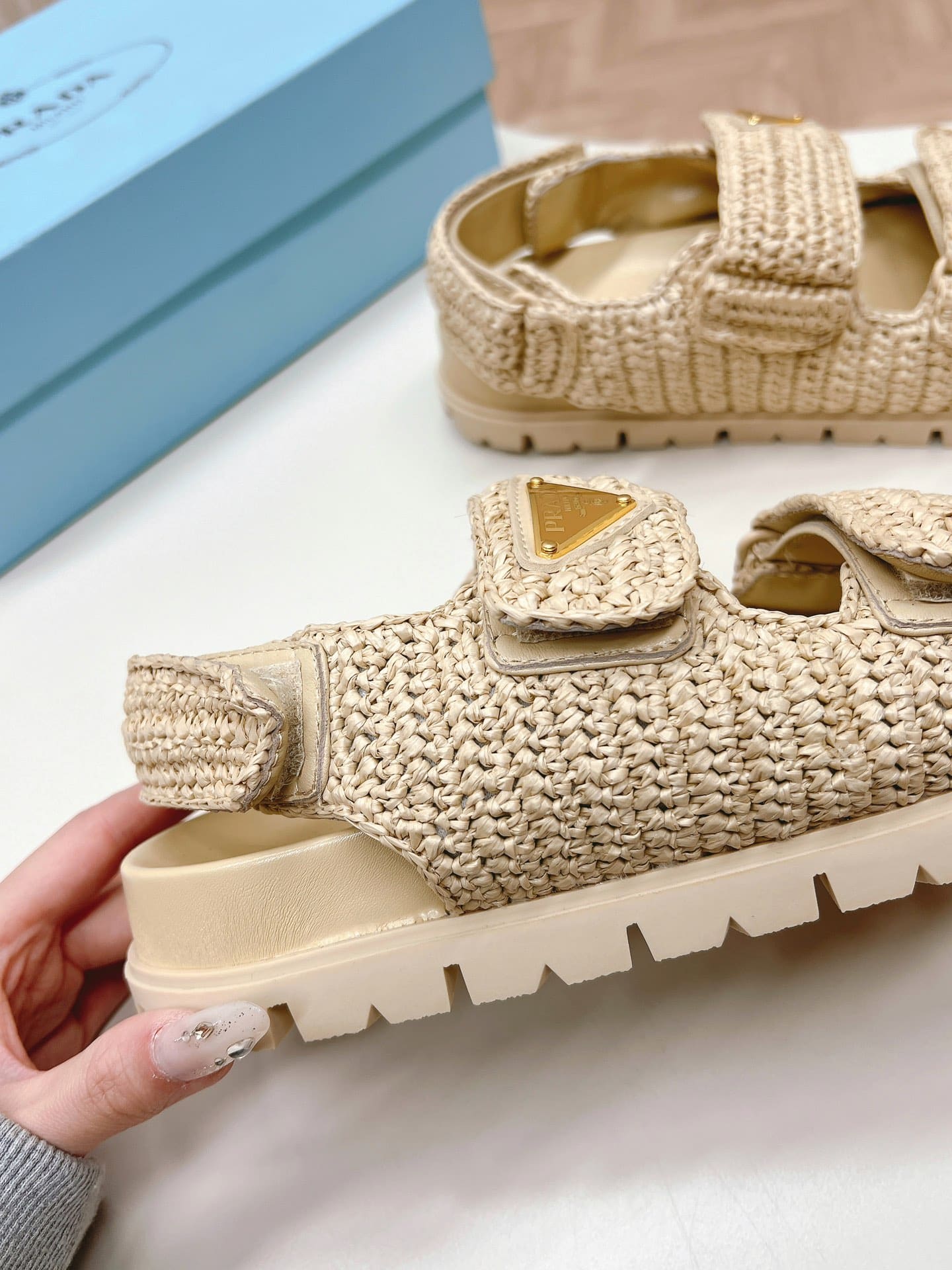 Prada Monolith Crochet Raffia Effect Sandals In Neutrals