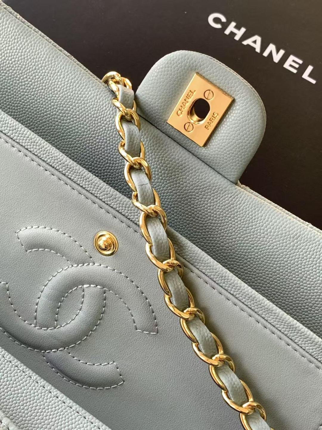 Chanel Classic Flap Bag 25 cm Light Blue Caviar Gold-Tone Hardware A01112