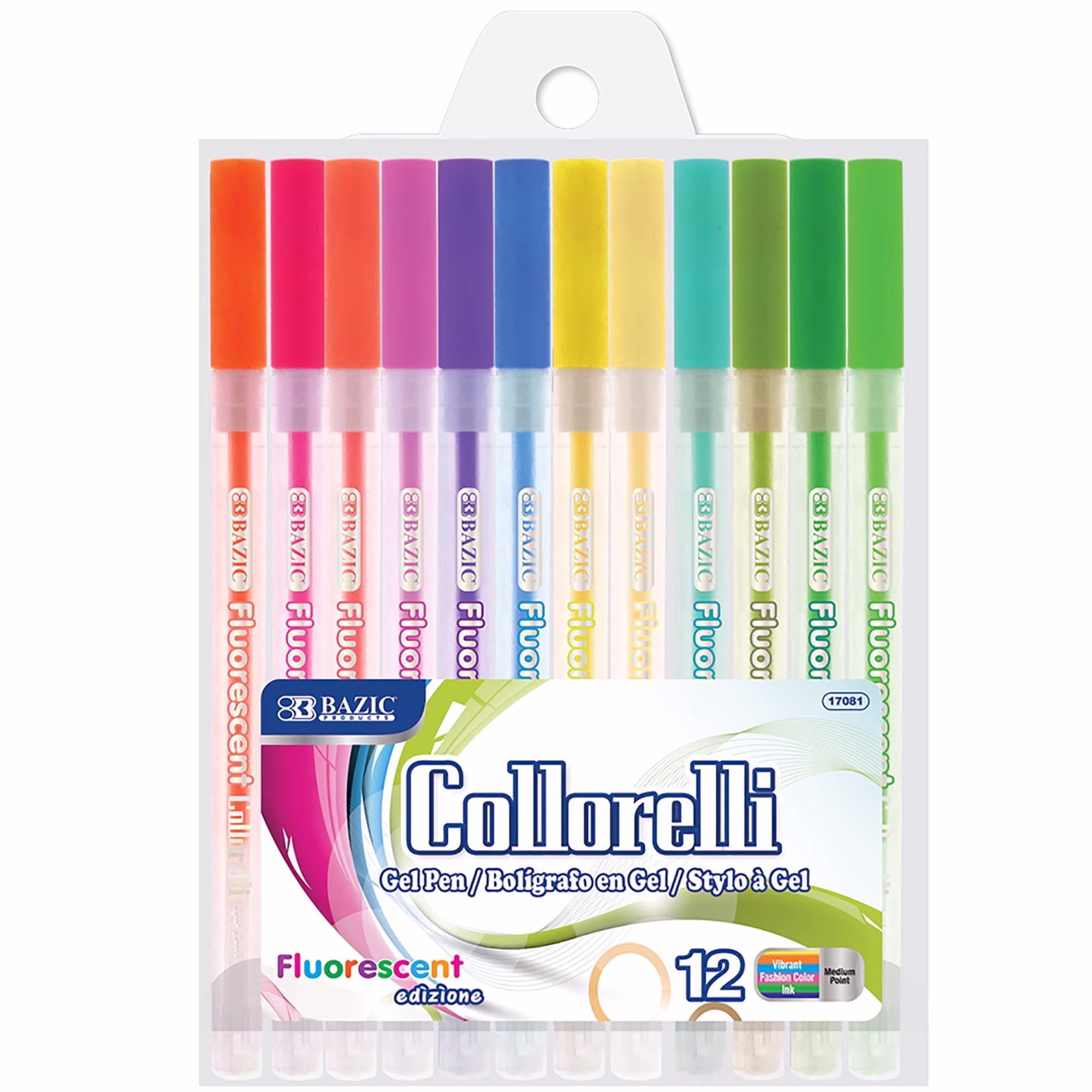 BAZIC Collorelli Fluorescent Gel Pens, 0.8mm Medium, 12 Colors
