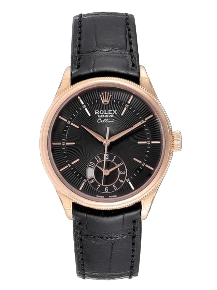 【Super Clone】Rolex Cellini Dual Time 50525 Black Dial Black Leather Strap 39mm Mens Replica Watch