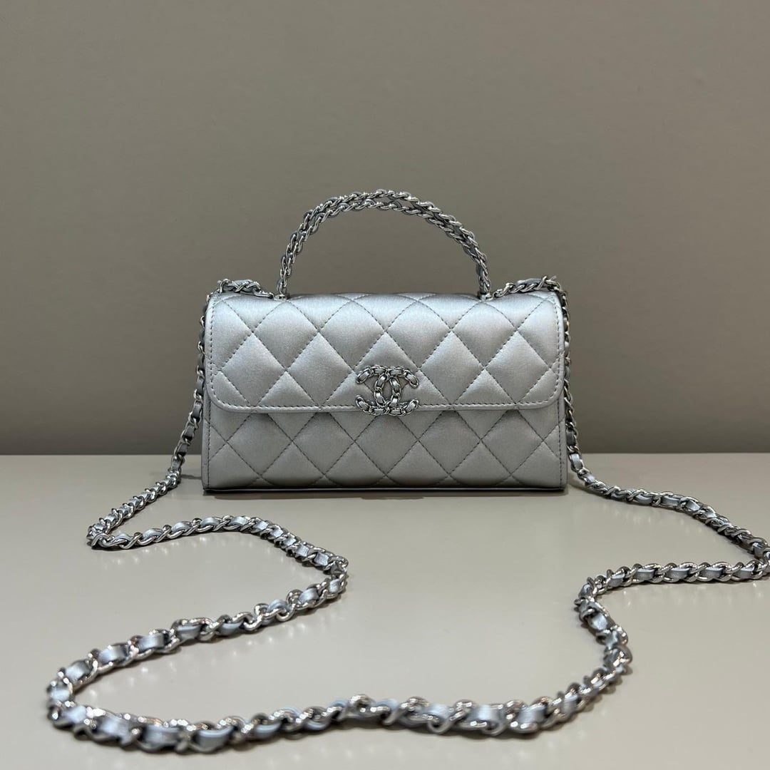 Chanel Lambskin Quilted Chain Top Handle Phone Holder With Chain Silver 18Cm