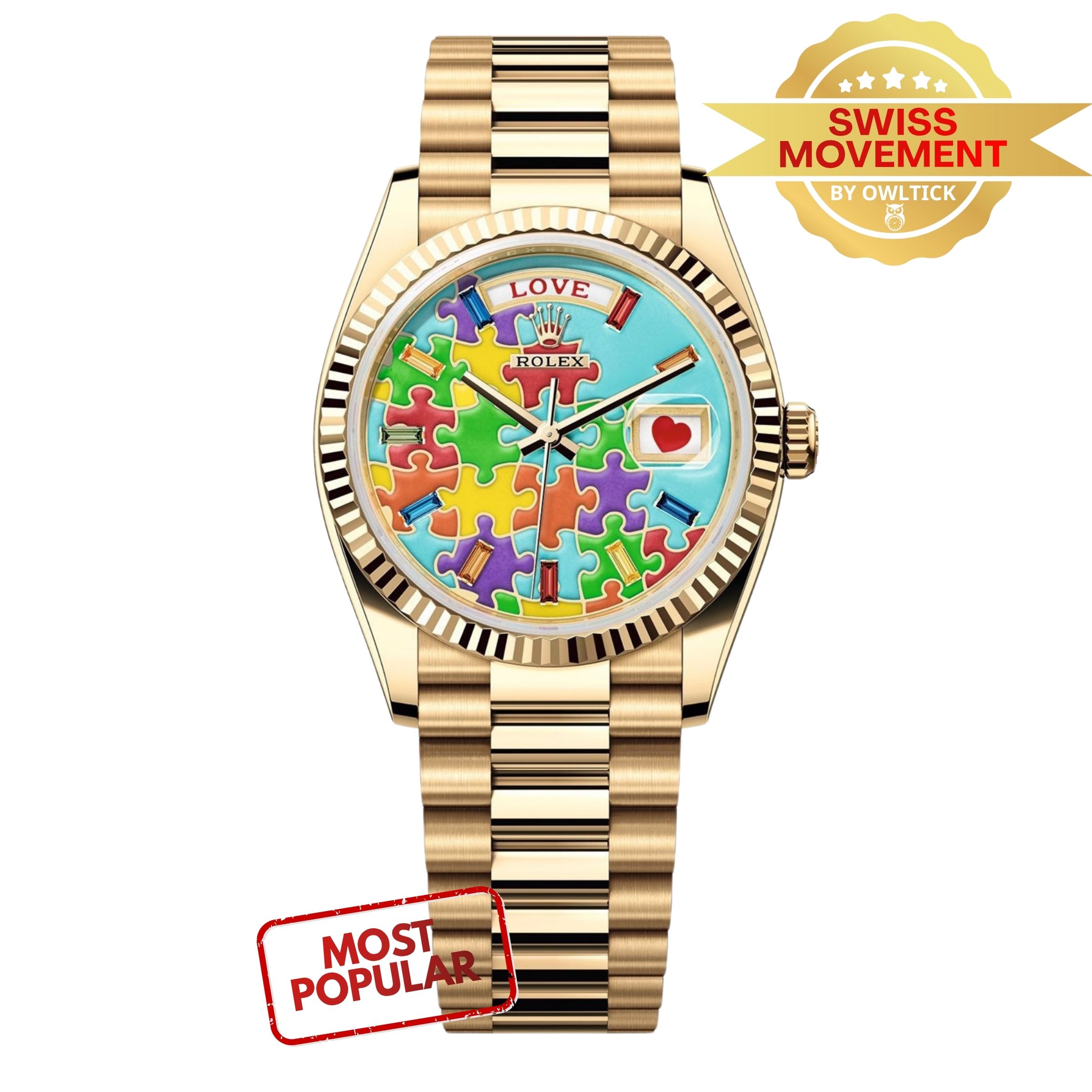 [Superclone] Rolex Day-Date 36mm Rainbow Sapphire & Puzzle Dial President 128238