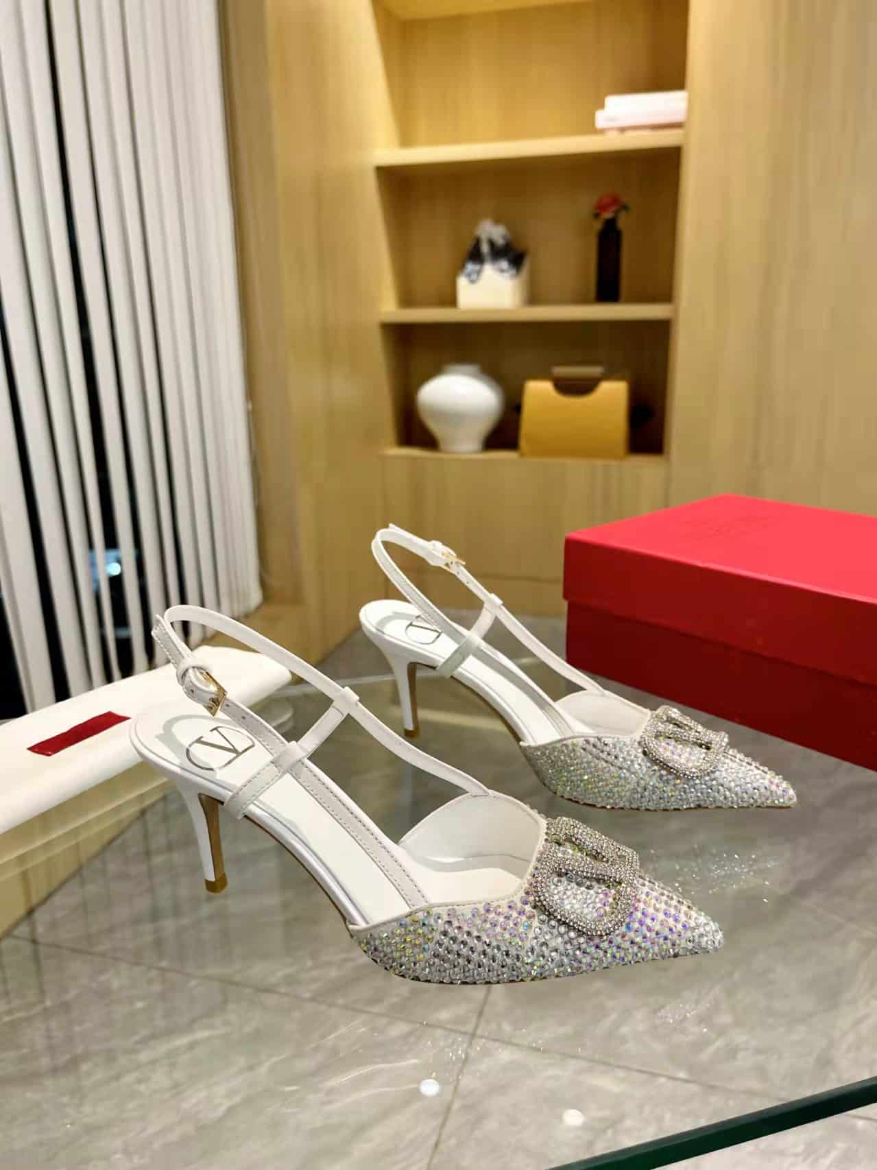 Valentino VLogo Signature Back Strap Crystal High Heels White