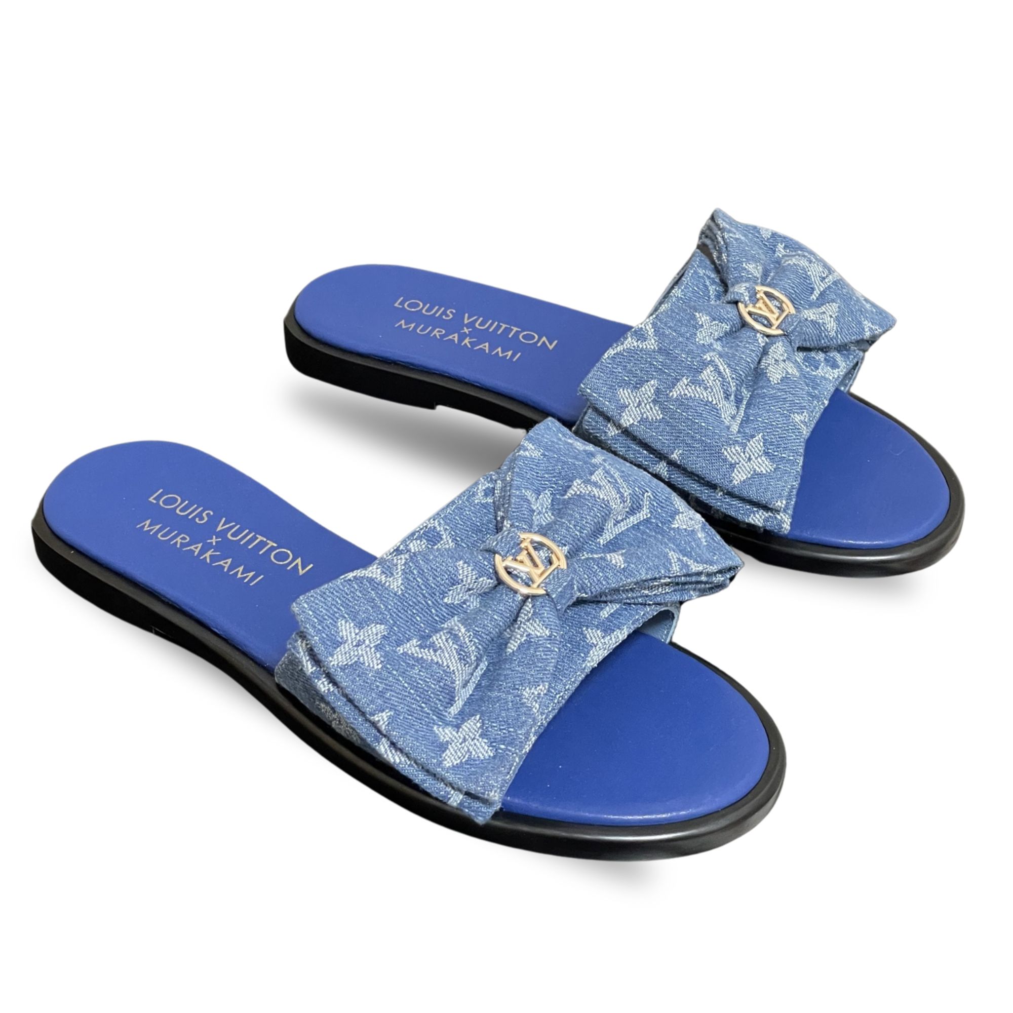 Louis Vuitton x Takashi Murakami Lily Flat Mule Bow Slide Sandals Blue Canvas 1AGVYA