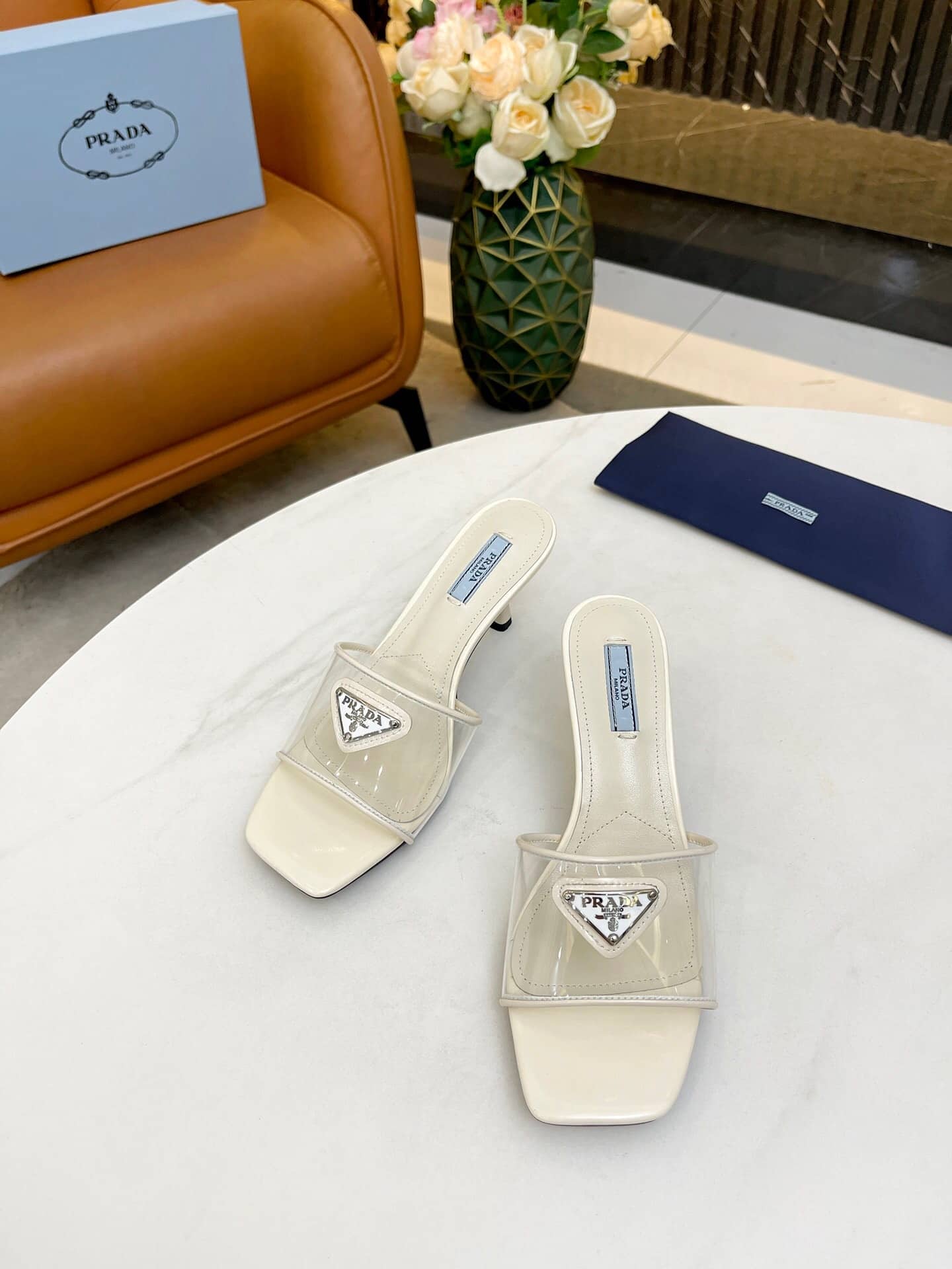 Prada Plexiglas And Patent Leather Sandals Cream