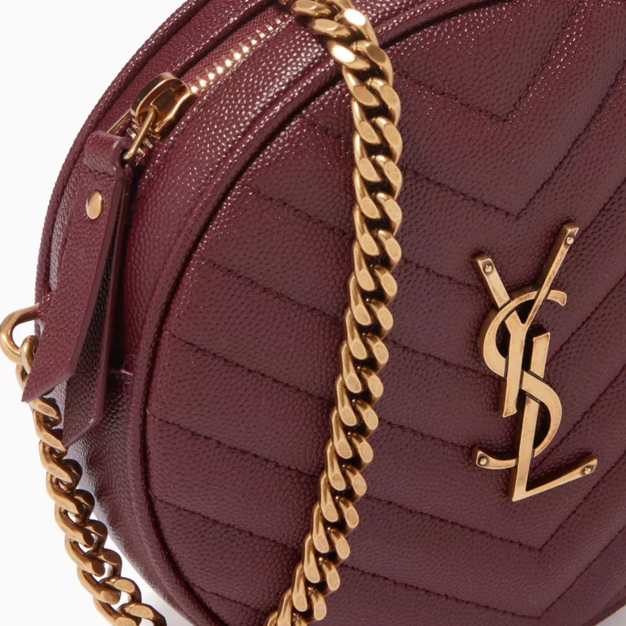 Saint Laurent Vinyle Round Camera Bag In Chevron Quilted Grain De Poudre Embossed Leather Red 18Cm