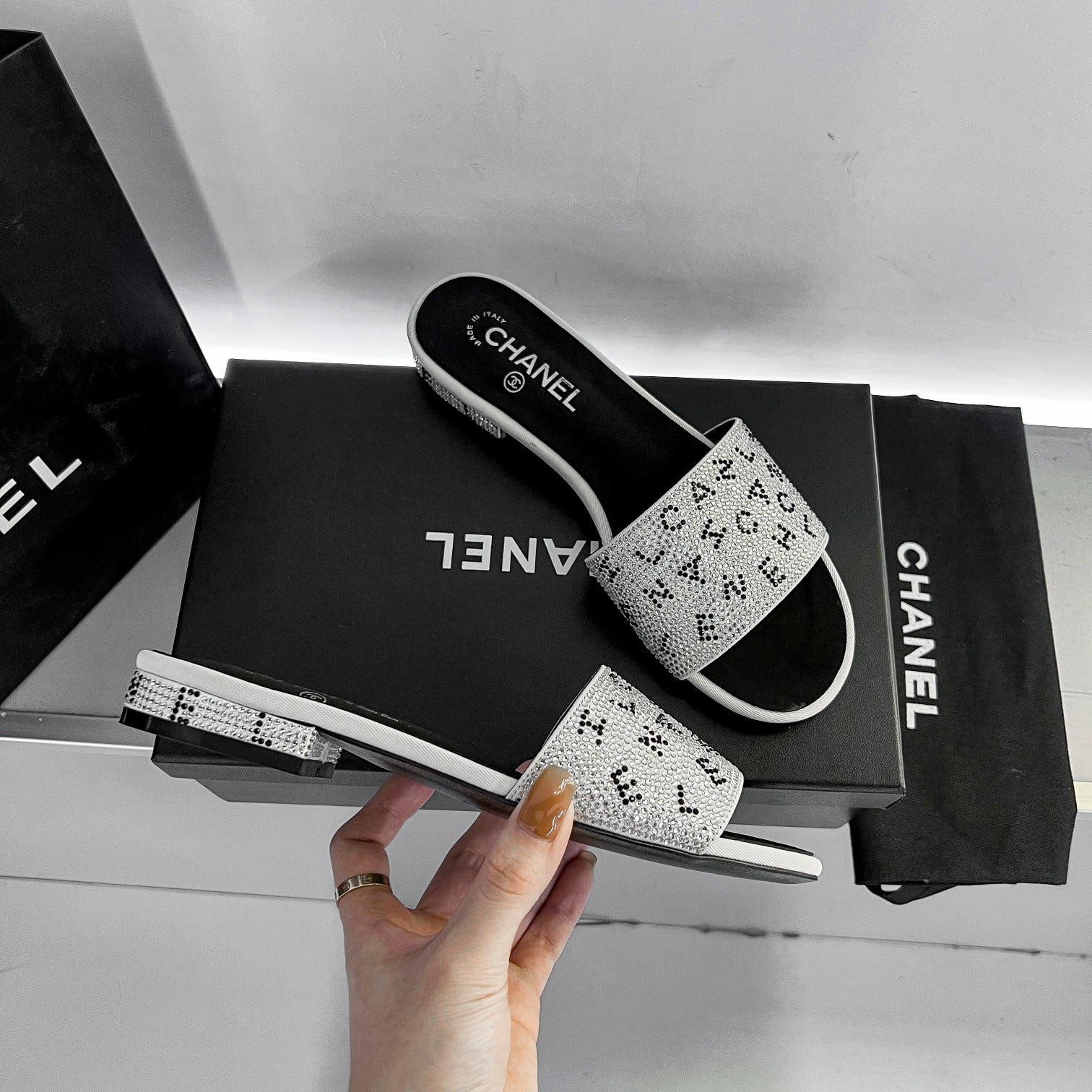Chanel 24P Beaded Diamond Logo Slippers Silver