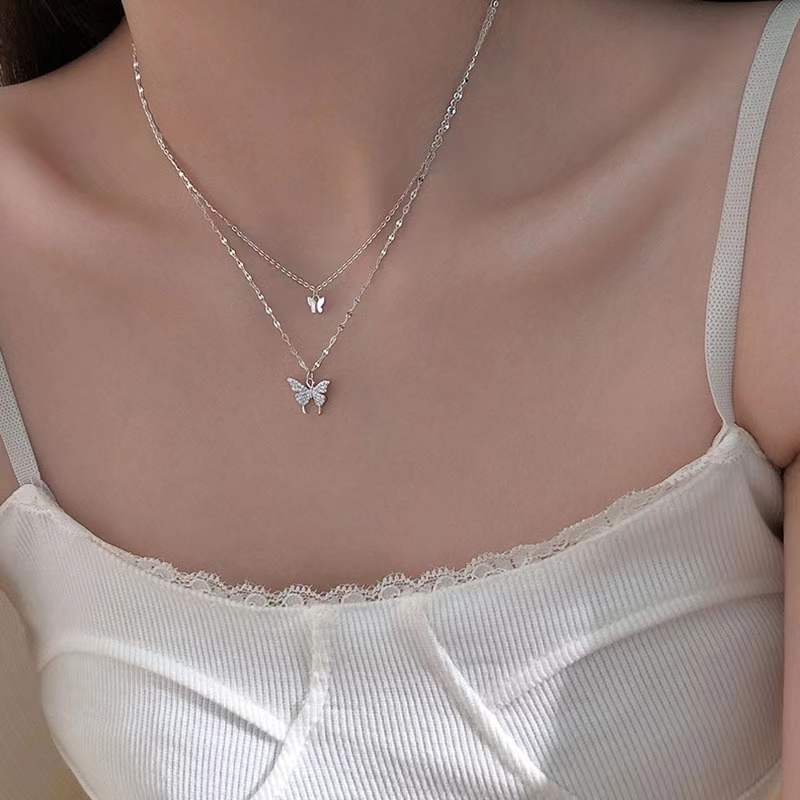 Velira s925 Double Butterfly Pendant Stacked Necklace