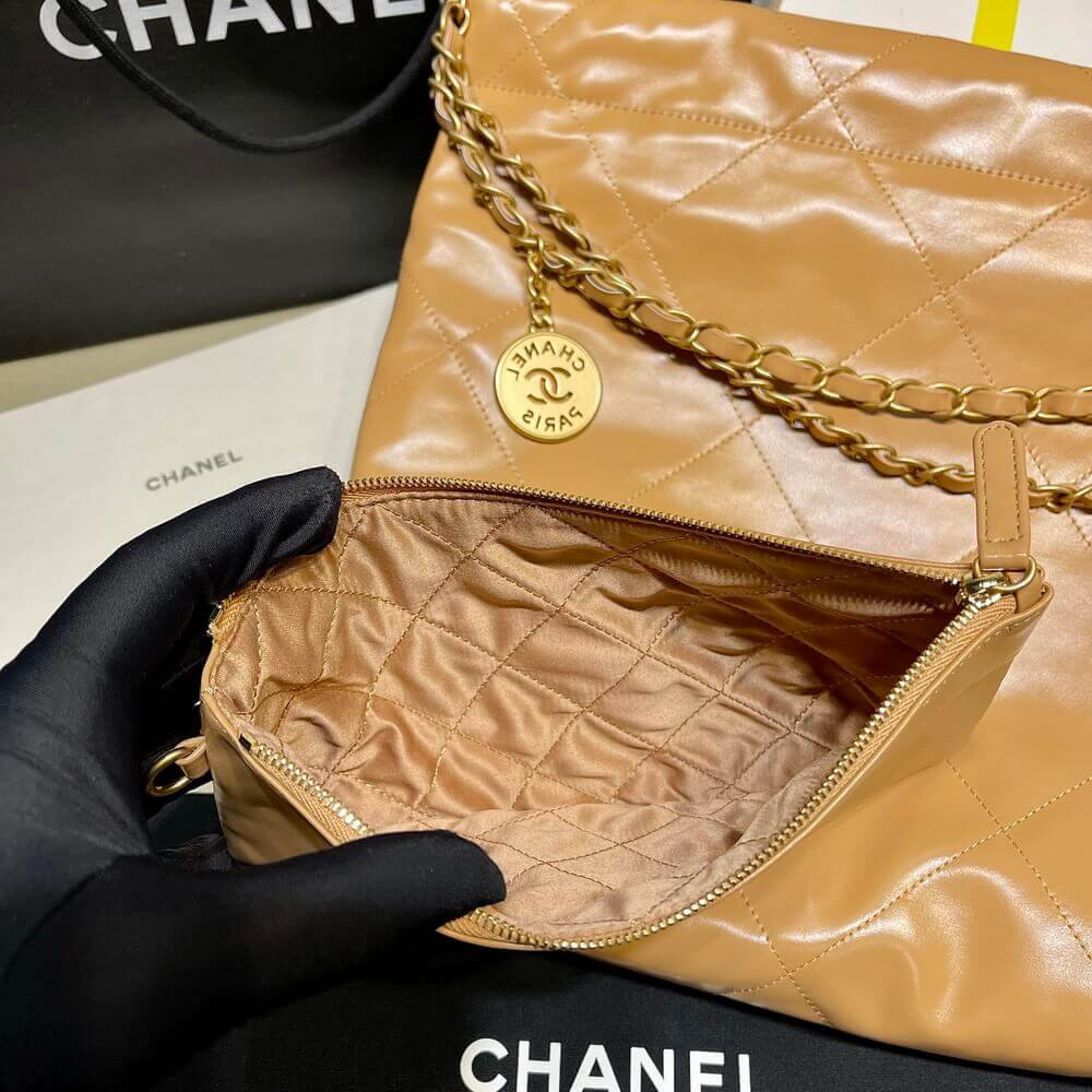 Chanel 22 Small Handbag Shiny Calfskin Camel Gold Metal