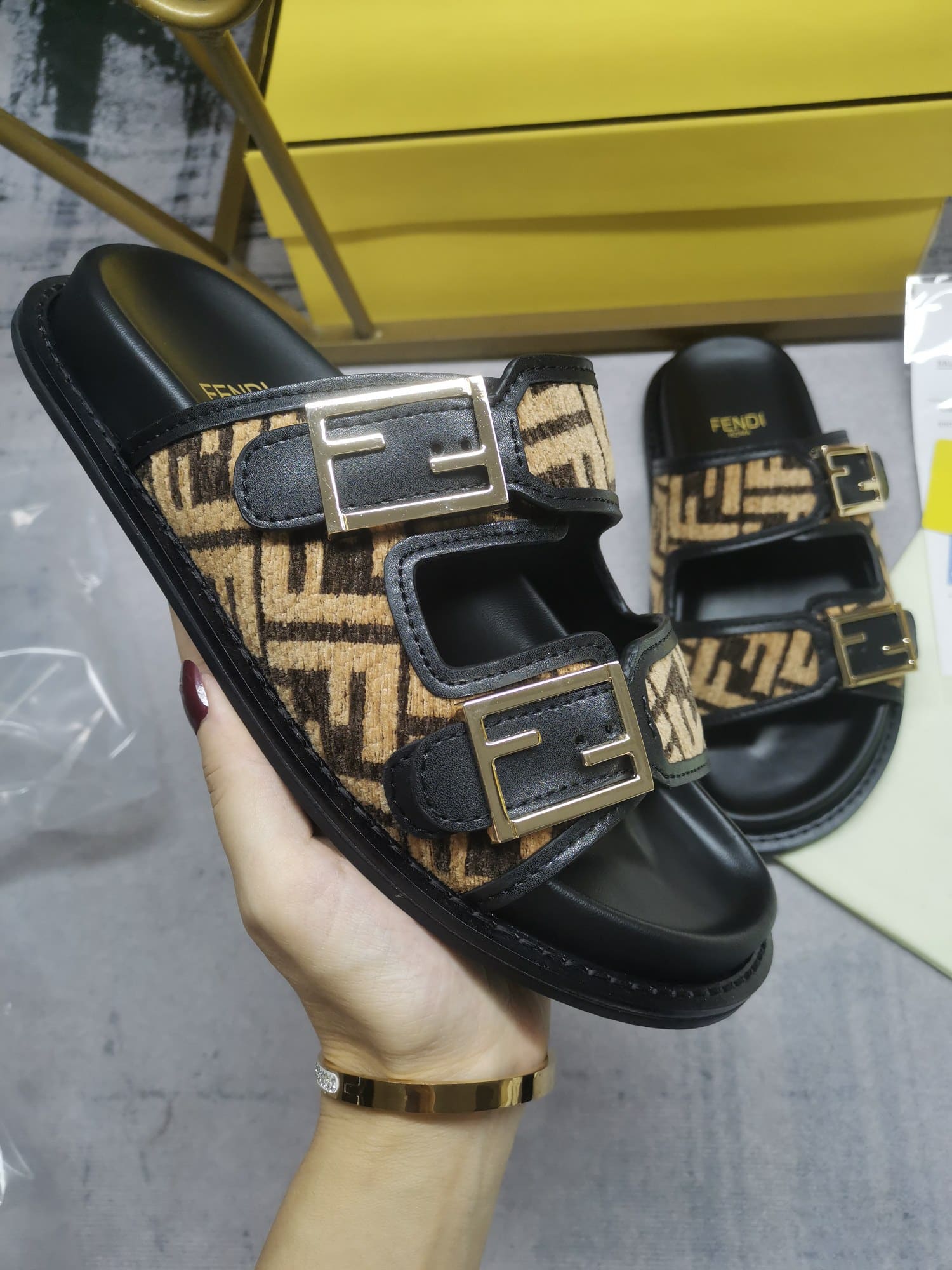 Fendi Feel Ff Fabric Slides Black