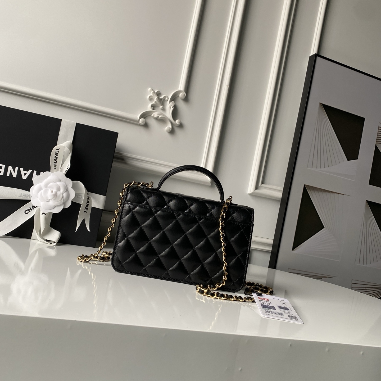 Mini Top Handle Flap Messenger Bag in Black Quilted Lambskin with Light Gold-Tone Hardware