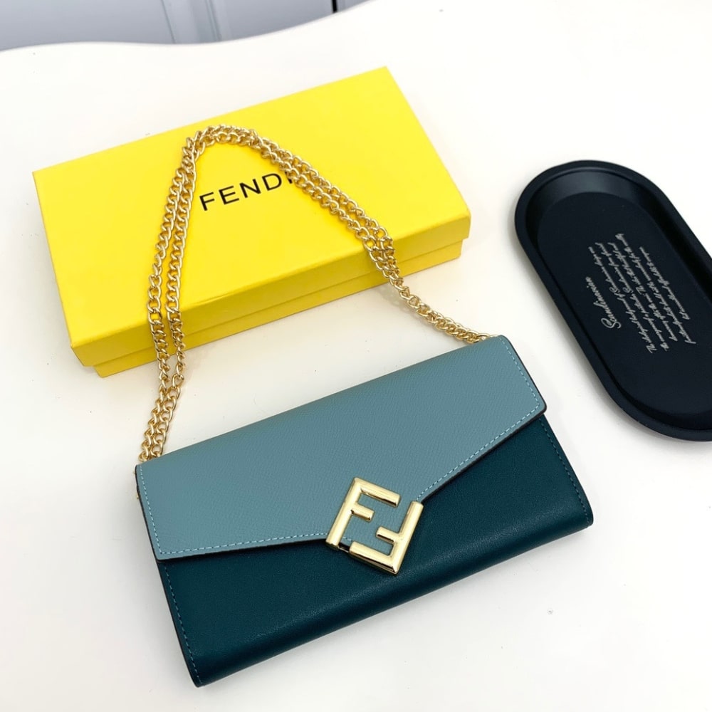 Fendi Ff Diamonds Continental With Chain Leather Wallet Green Blue 19Cm