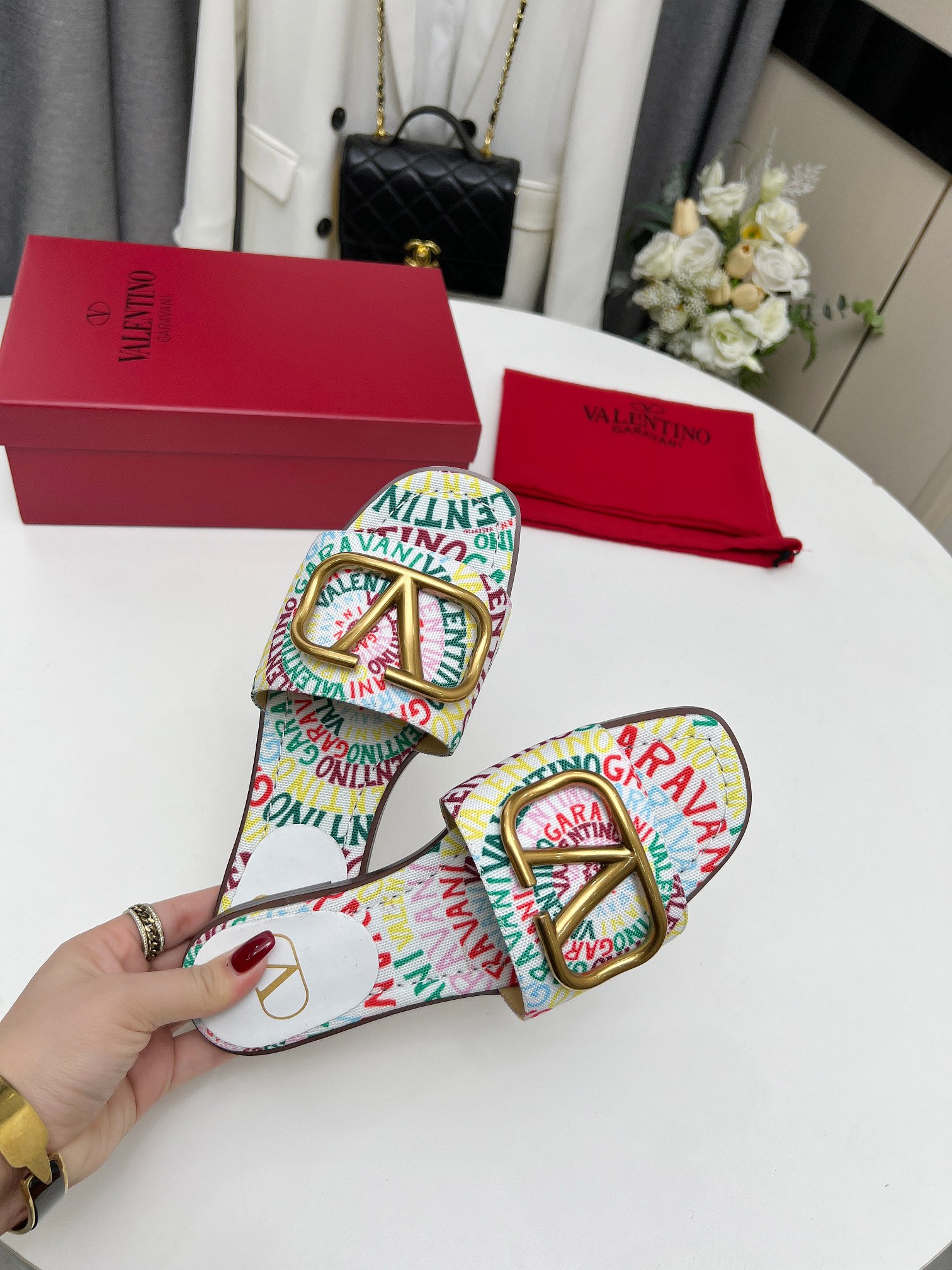 Valentino Garavani Escape Slide Sandal In Canvas With Valentino Loop Print Ws0Bd5Ful Qd7