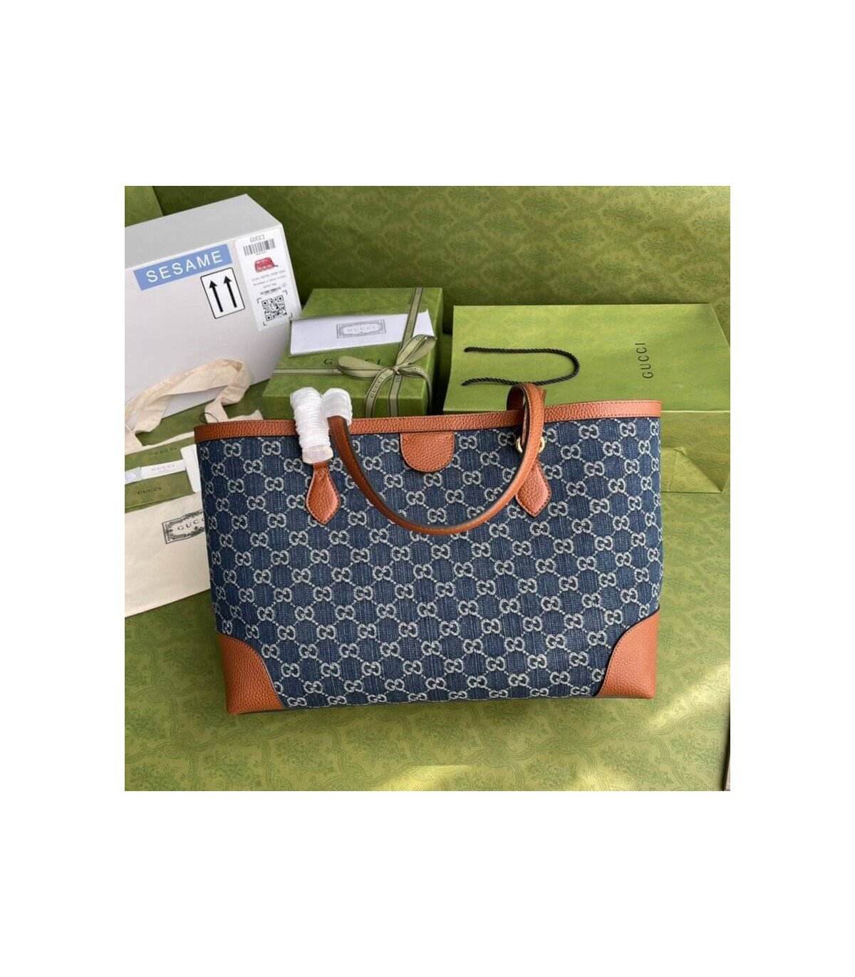 Gucci Indigo & Brown Ophidia Denim Tote 38cm
