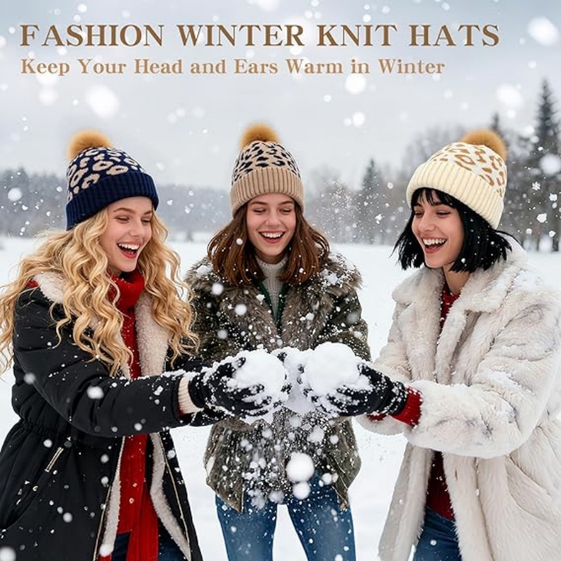 Women Winter Knitted Beanie Hat with Faux Fur Pom