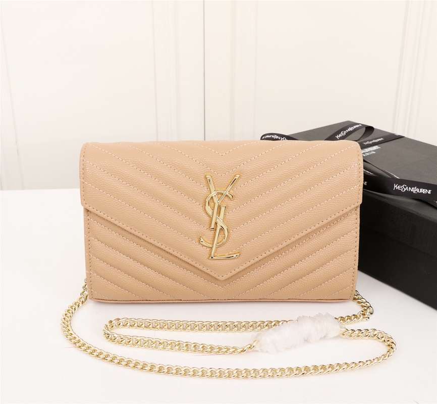 Saint Laurent Cassandre Matelasse Chain Wallet In Grain De Poudre Embossed Beige 22Cm