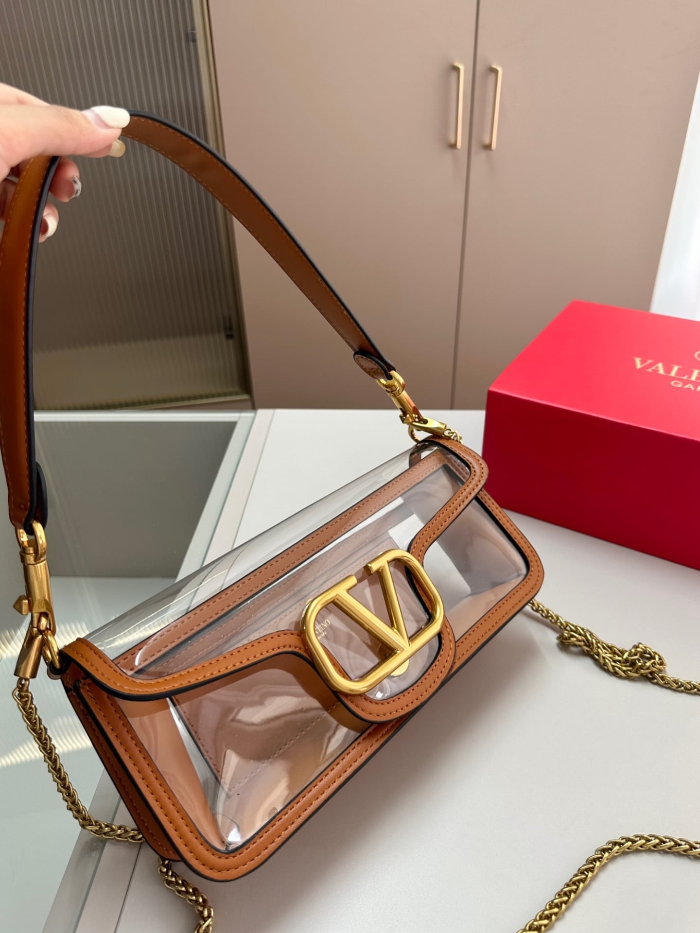 Valentino Garavani Locò Pvc And Leather Shoulder Bag Brown 24Cm
