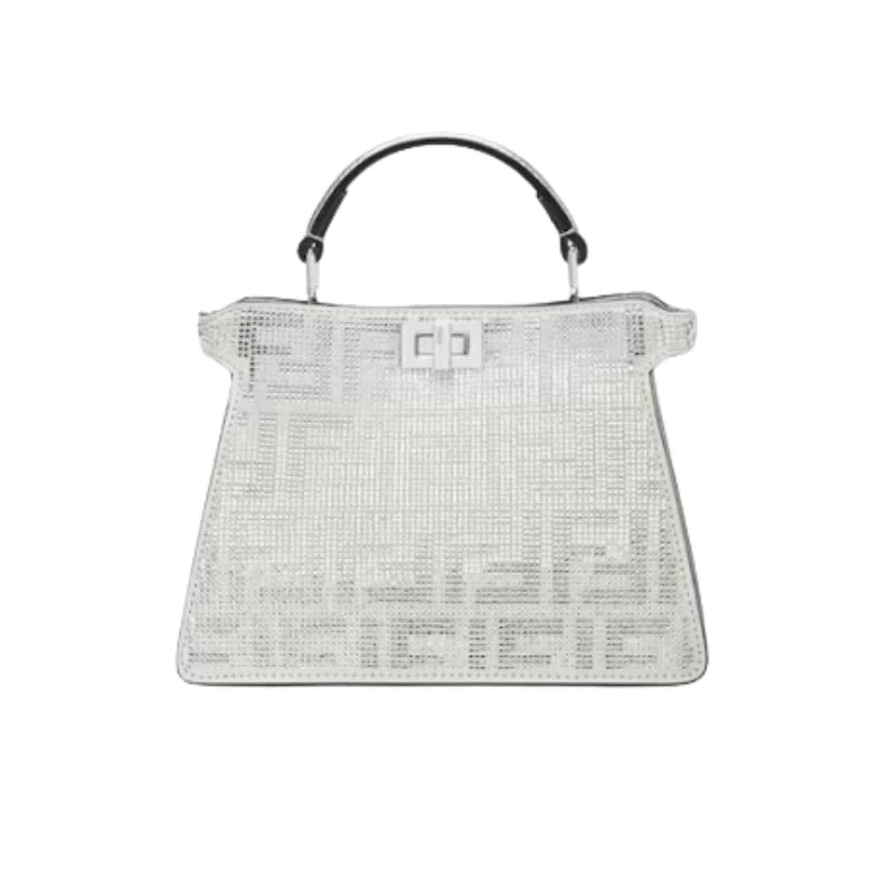 Fendi Peekaboo Iseeu Petite Silver Leather Bag With Crystal Ff Motif 21Cm