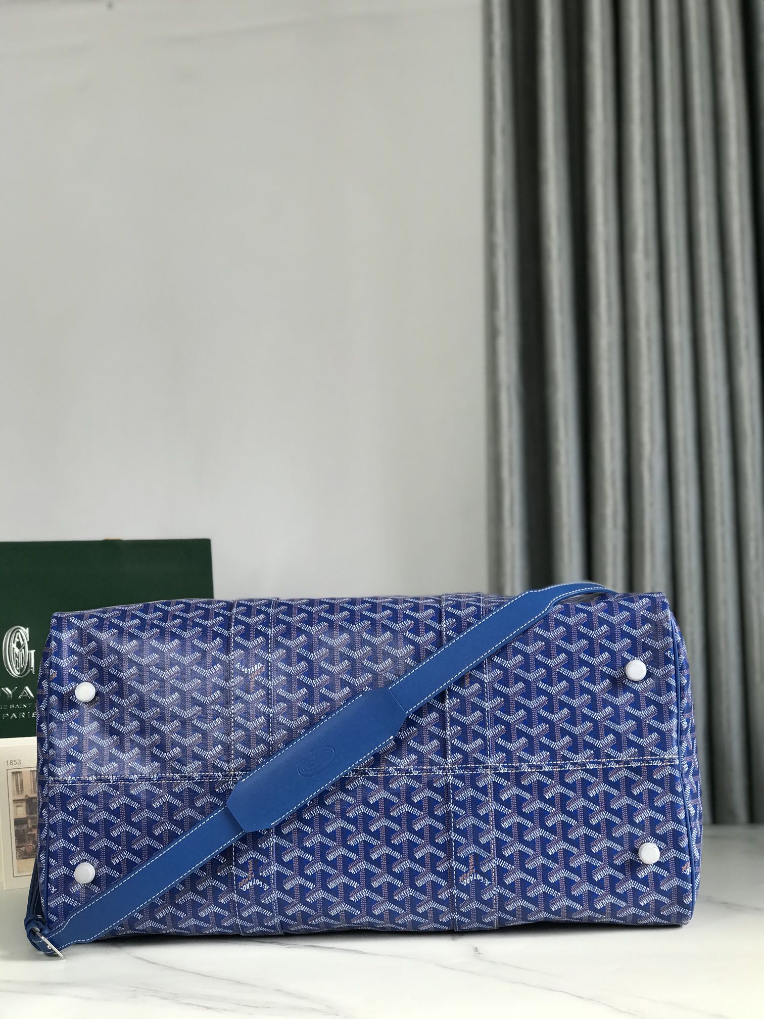 Goyard Boston 50 Bag Cm Sapphire Blue Goyardine Canvas And Calfskin Trim