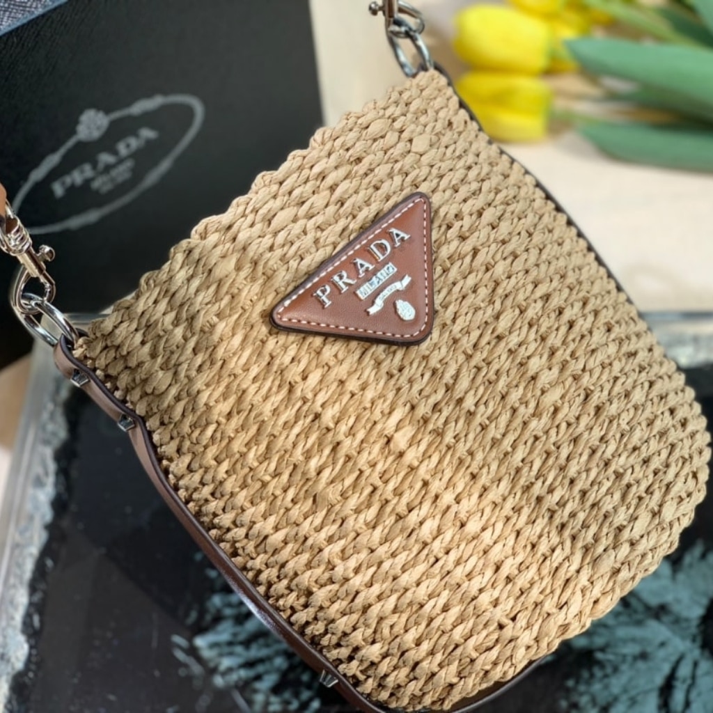 Prada Raffia Woven Bucket Bag Natural 21cm