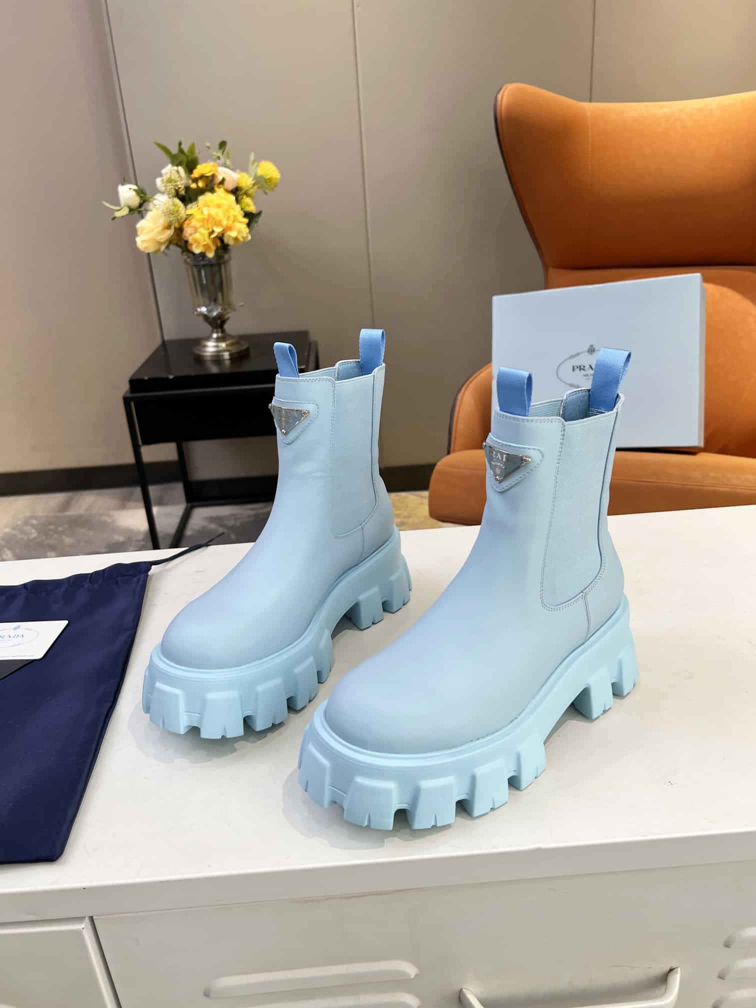 Prada Monolith Brushed Leather Booties Blue