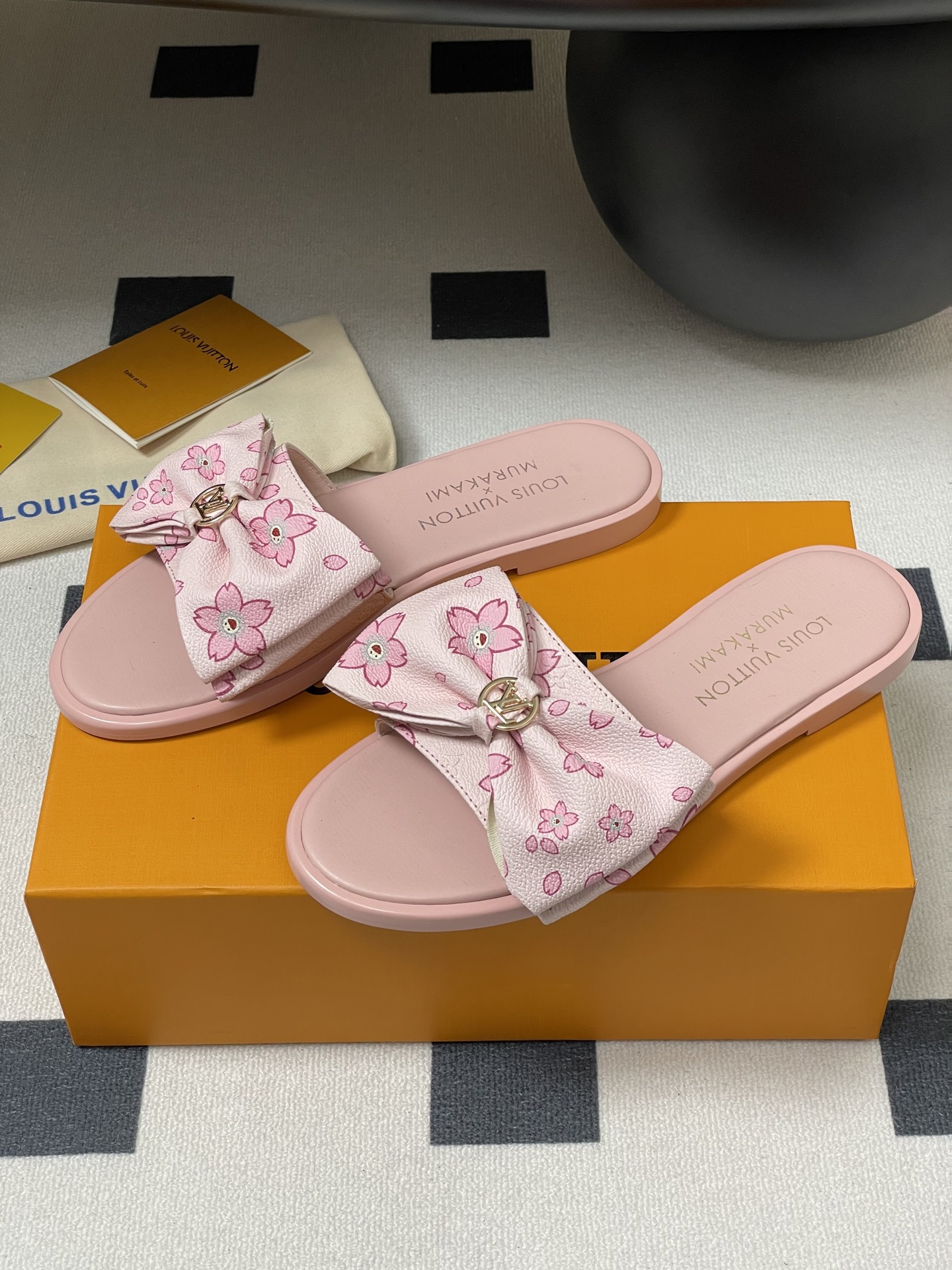 Louis Vuitton x Takashi Murakami Lily Flat Mule Bow Slide Sandals Pink- White 1AGVYA
