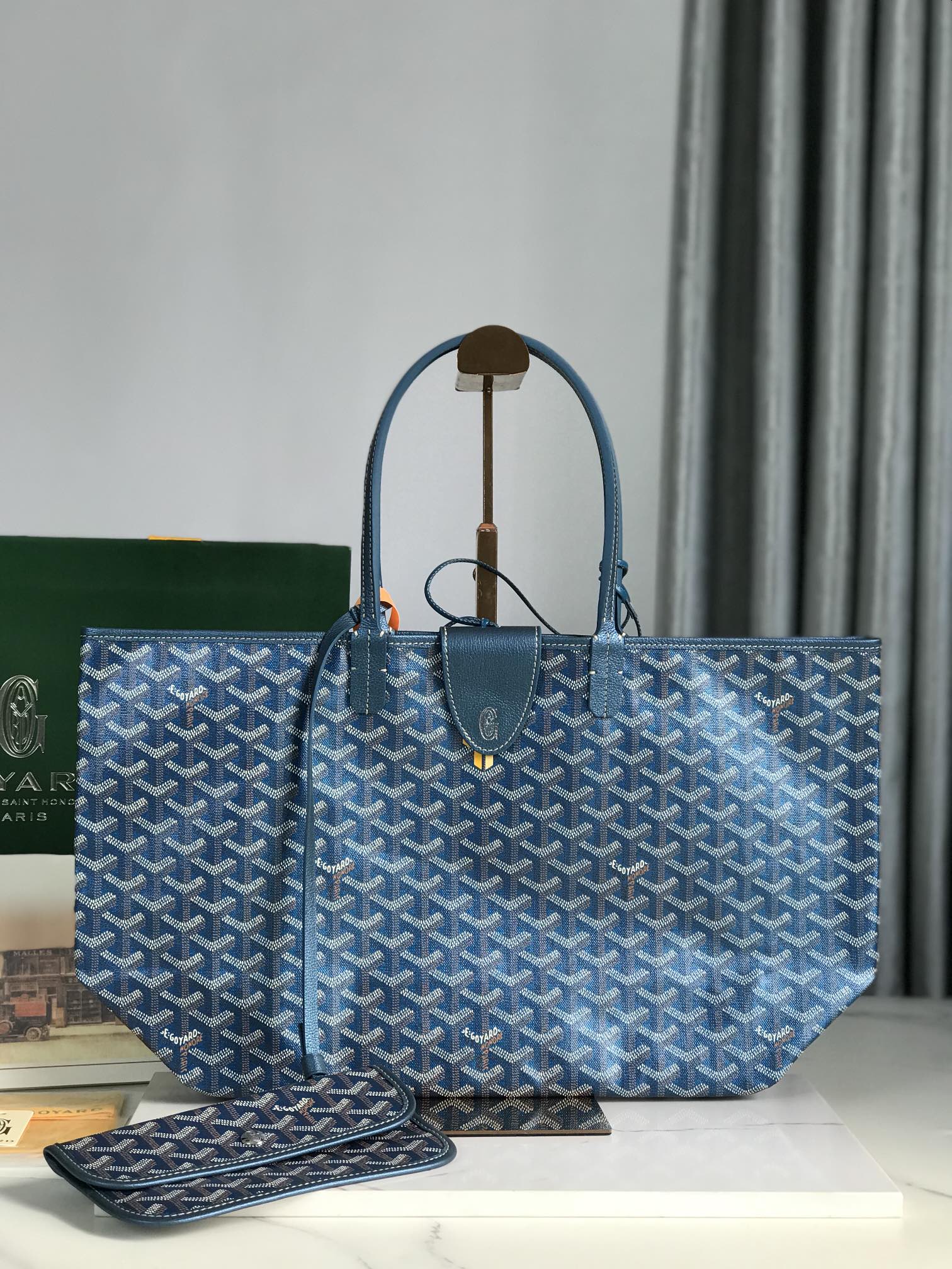 Goyard Saint Louis Pm 34 Cm Navy Blue Goyardine Canvas And Calfskin