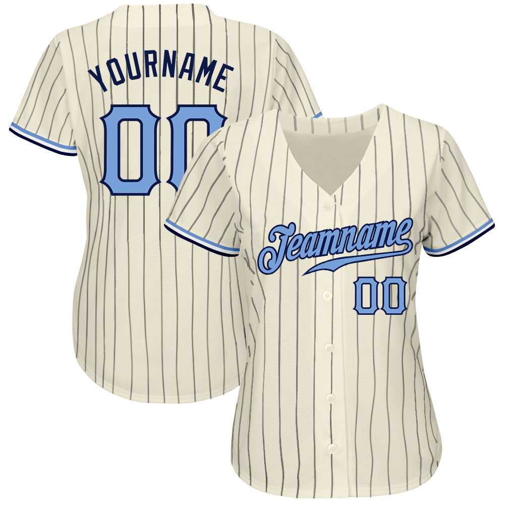 Custom Cream Navy Pinstripe Light Blue-Navy  Baseball Jersey