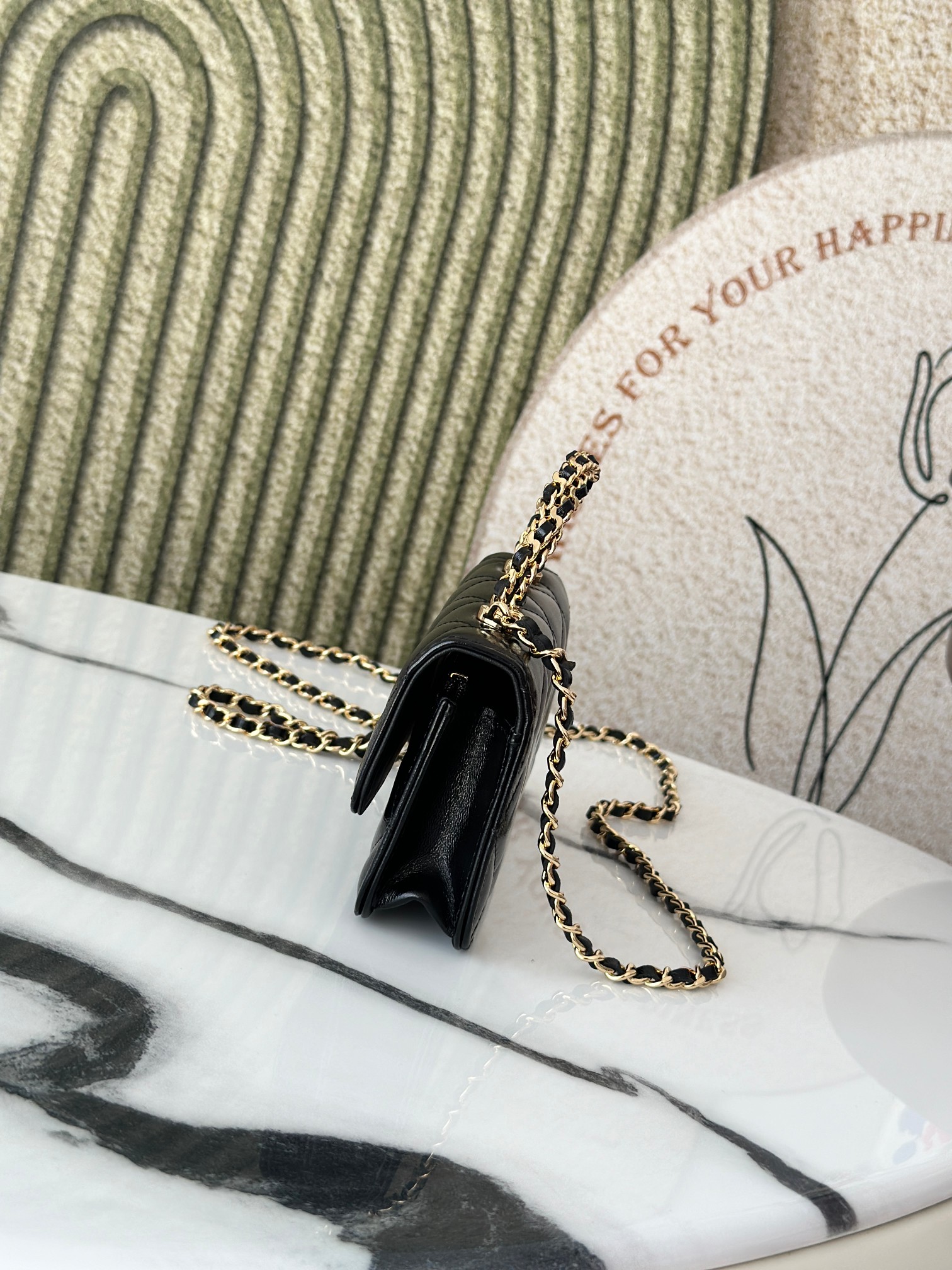 Black Shiny Calfskin Mini Flap Bag with Chain Handle (Model AP3656)