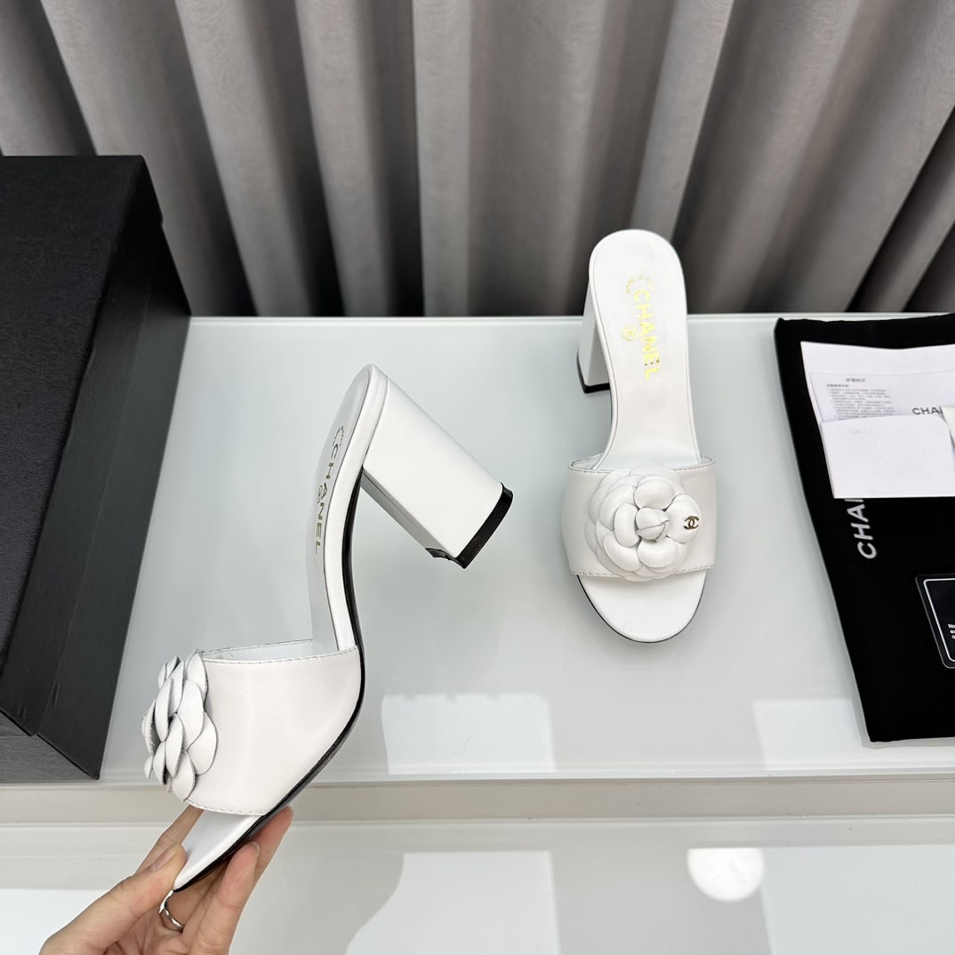 Chanel Camellia Medium Heel Slippers White