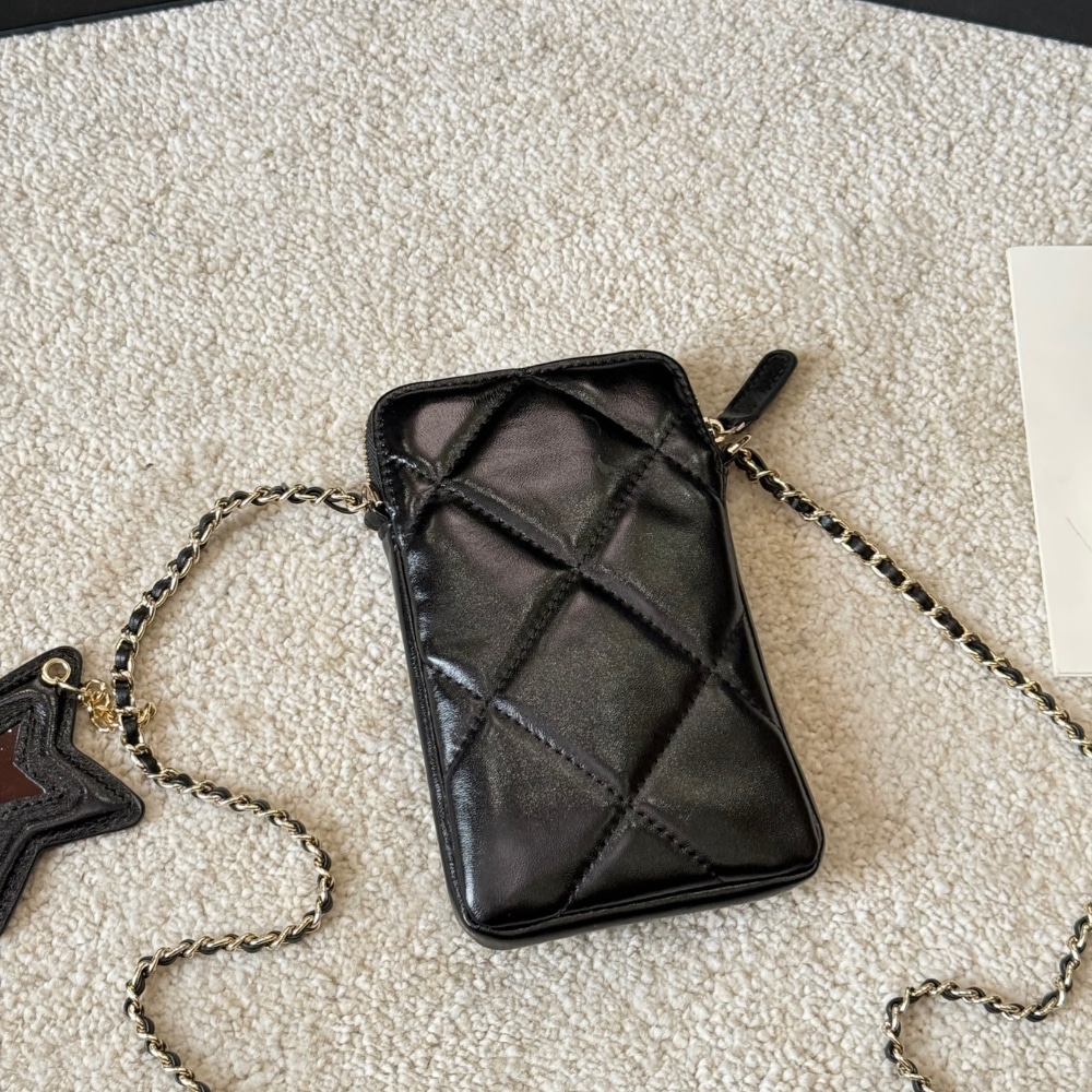 Chanel Phone Holder With Chain Shiny Crumpled And Gold Tone Metal Black 18Cm Ap4777 B21296 94305