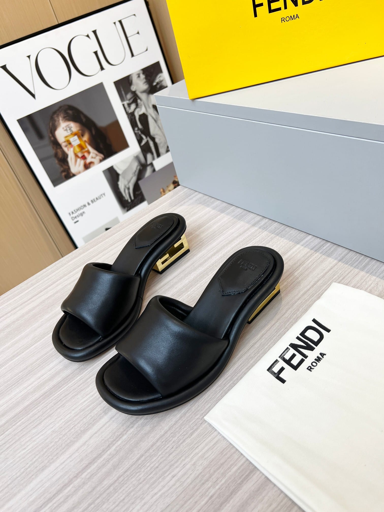 Fendi Cutout Metal Block Heel Padded Leather Sandals Black