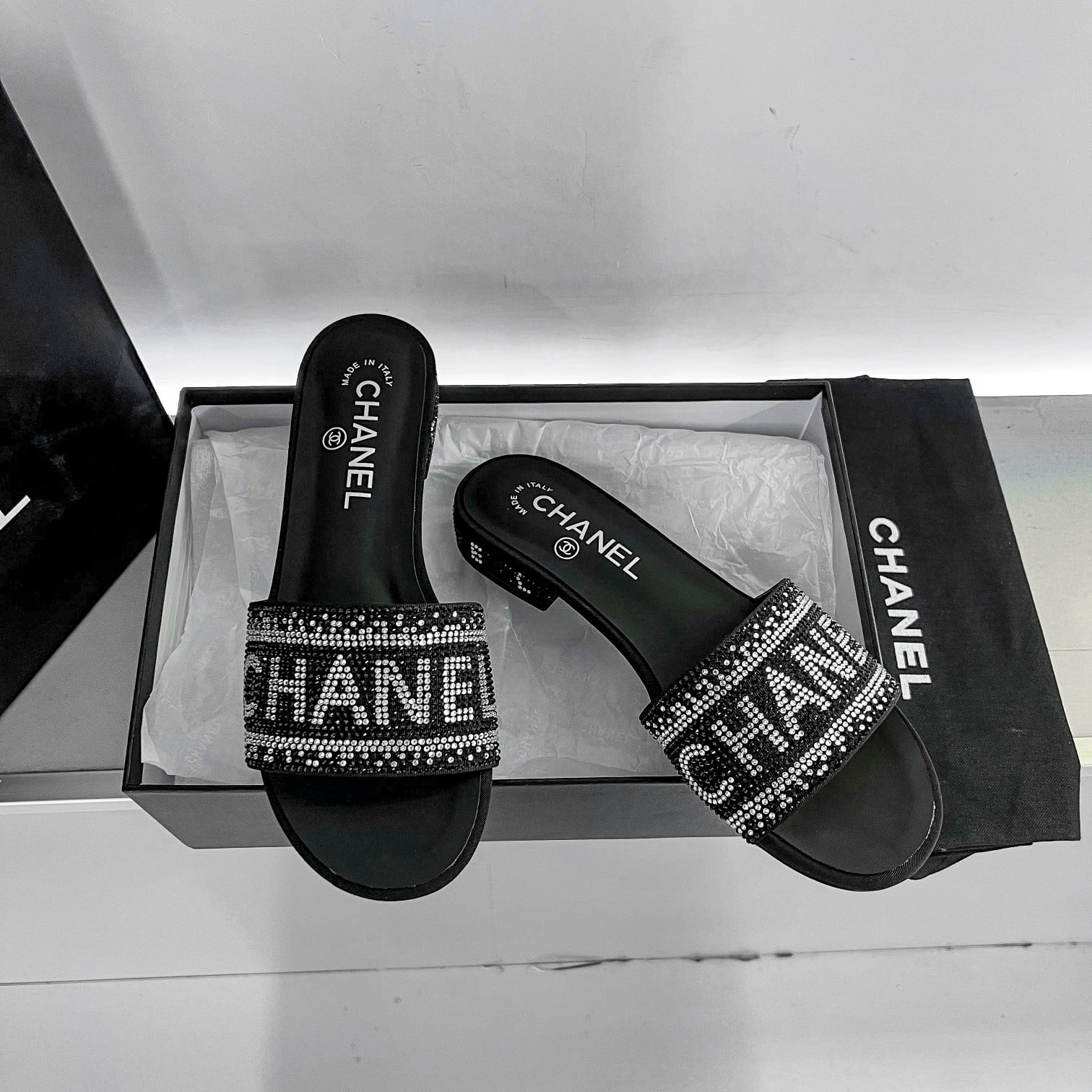 Chanel 24P Beaded Diamond Slippers Black