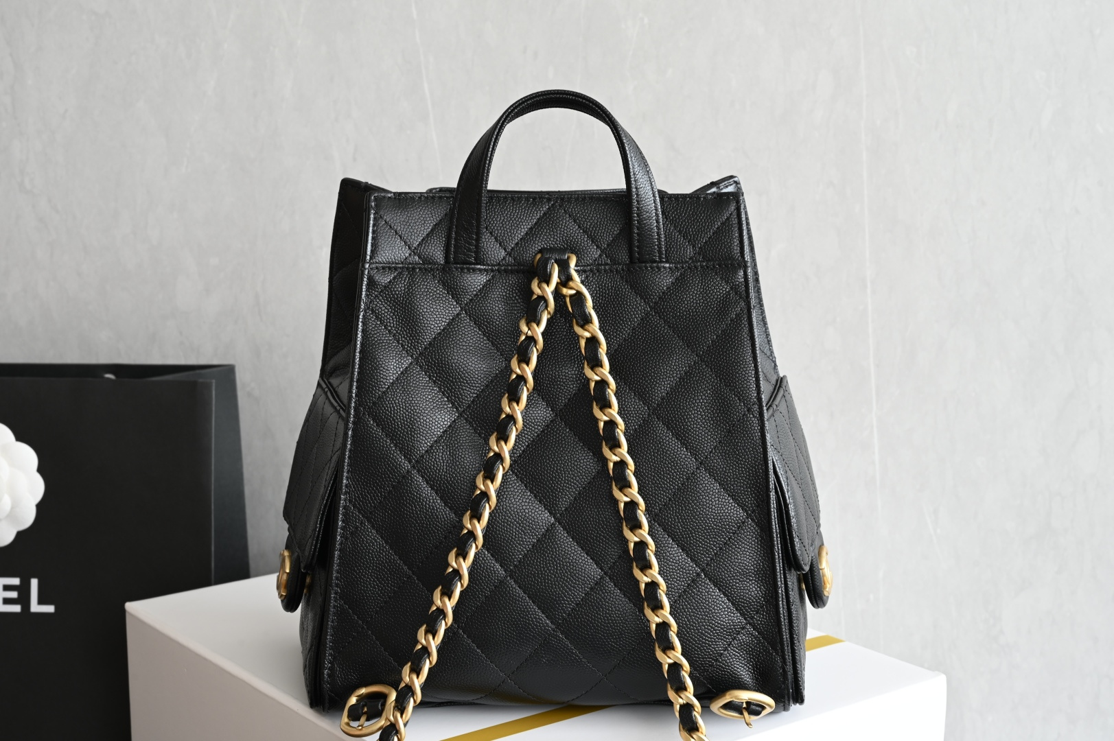 25 Medium Backpack in Black Grained Calfskin (Caviar) with Gold-Tone Hardware (Model AS5600)