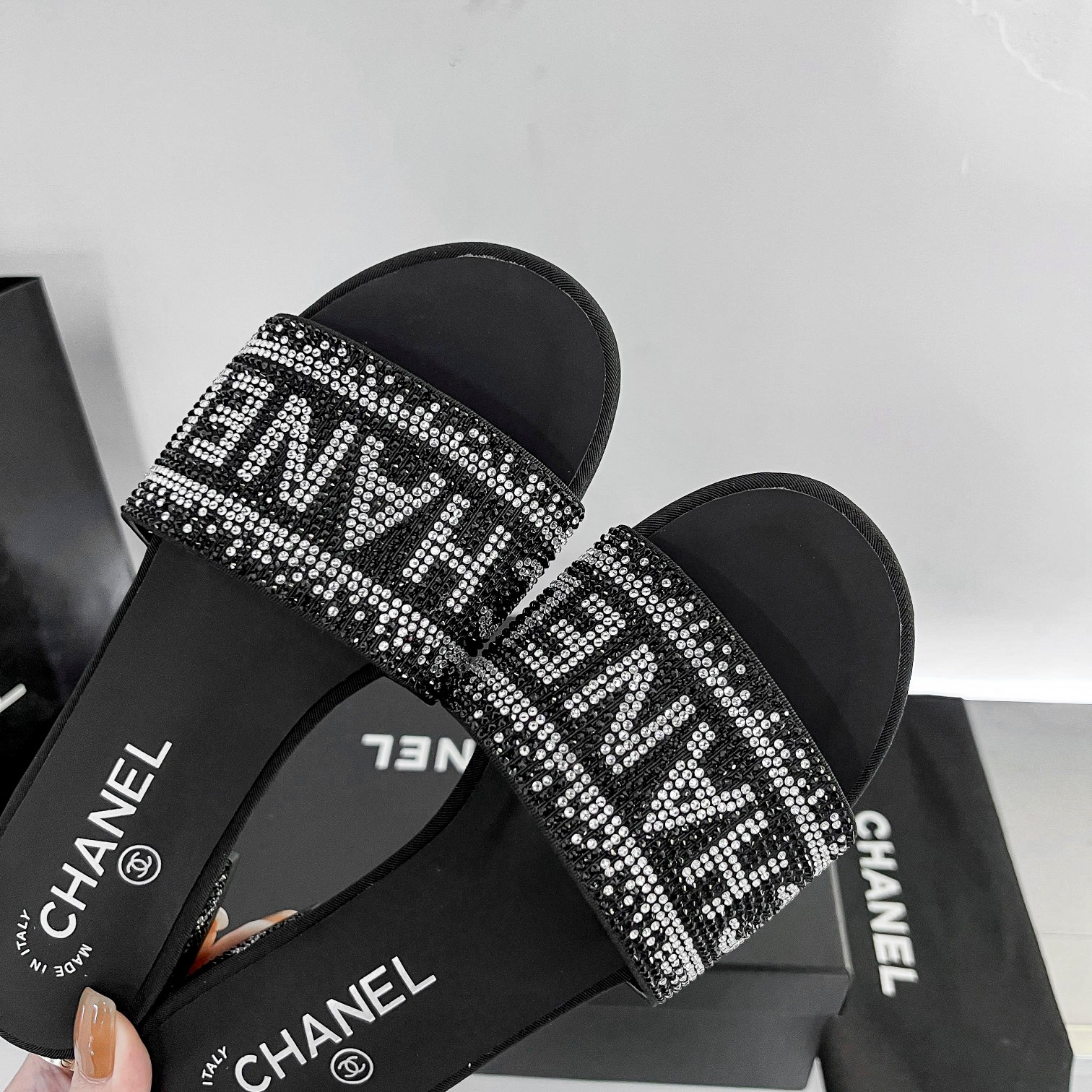 Chanel 24P Beaded Diamond Slippers Black