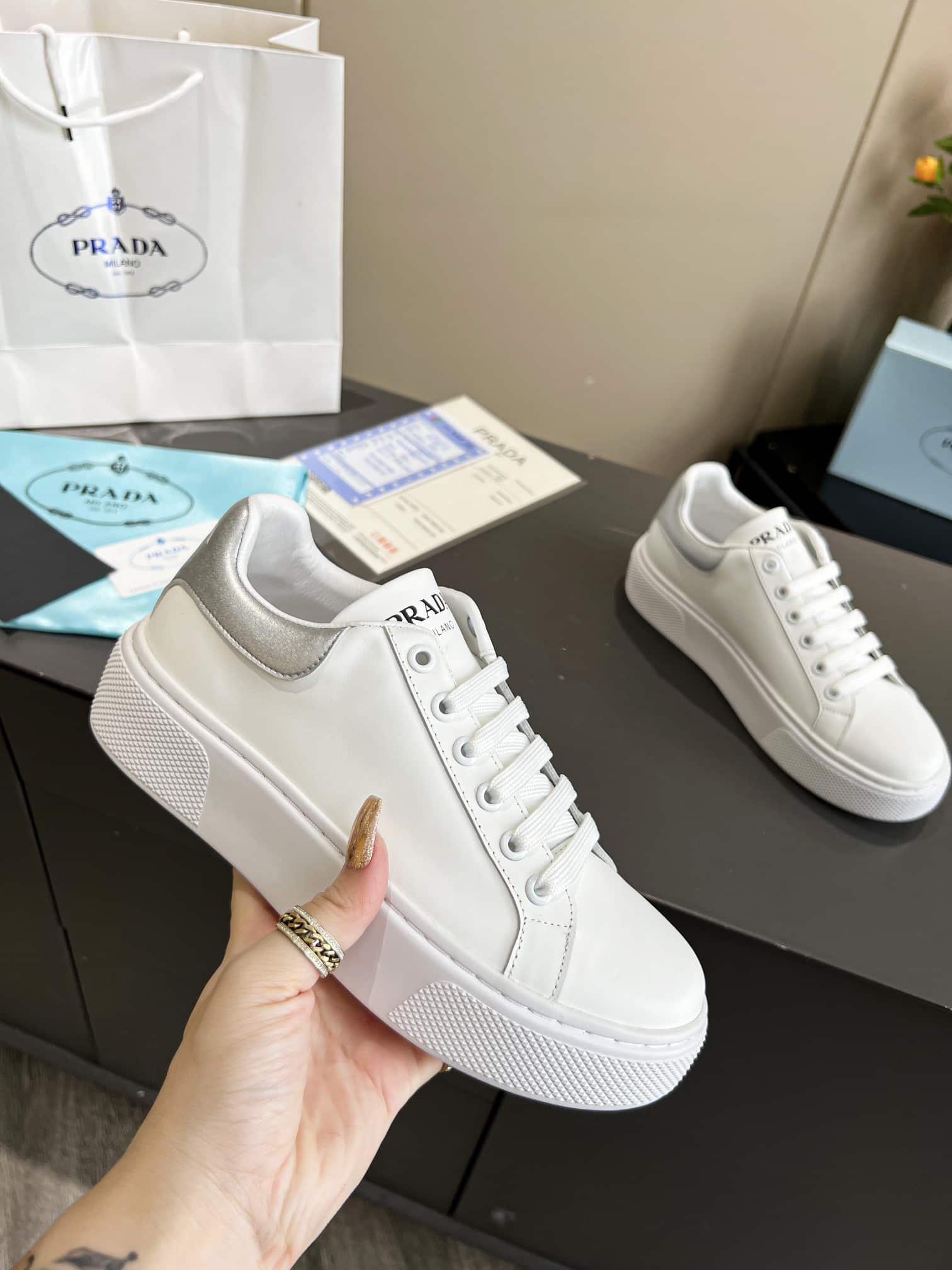 Prada Sneakers In White Leather With Silver Logo
