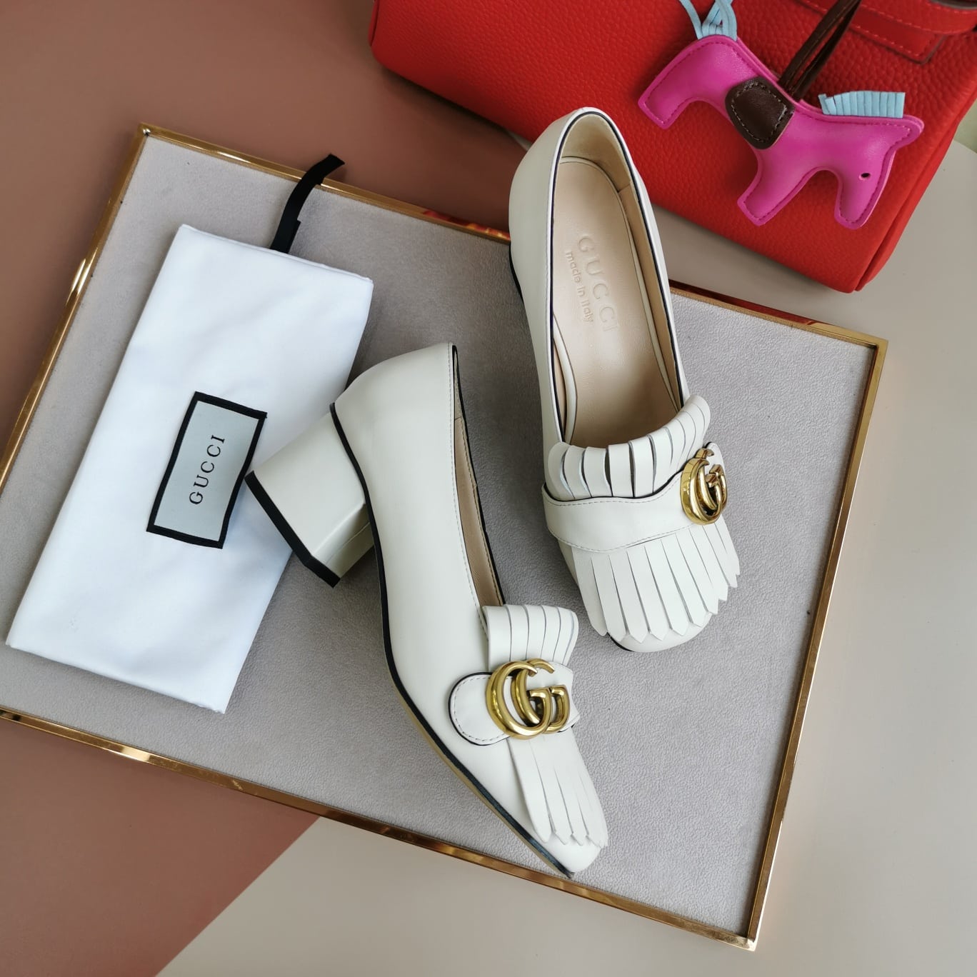 Gucci Wmns White Leather Mid-Heel Pump