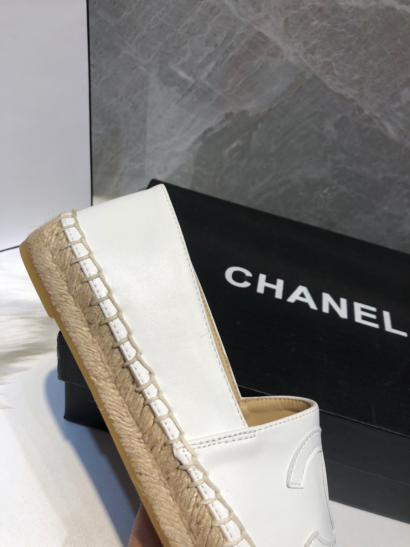 Chanel Embroidered Espadrille Leather Cap Toe Flats White