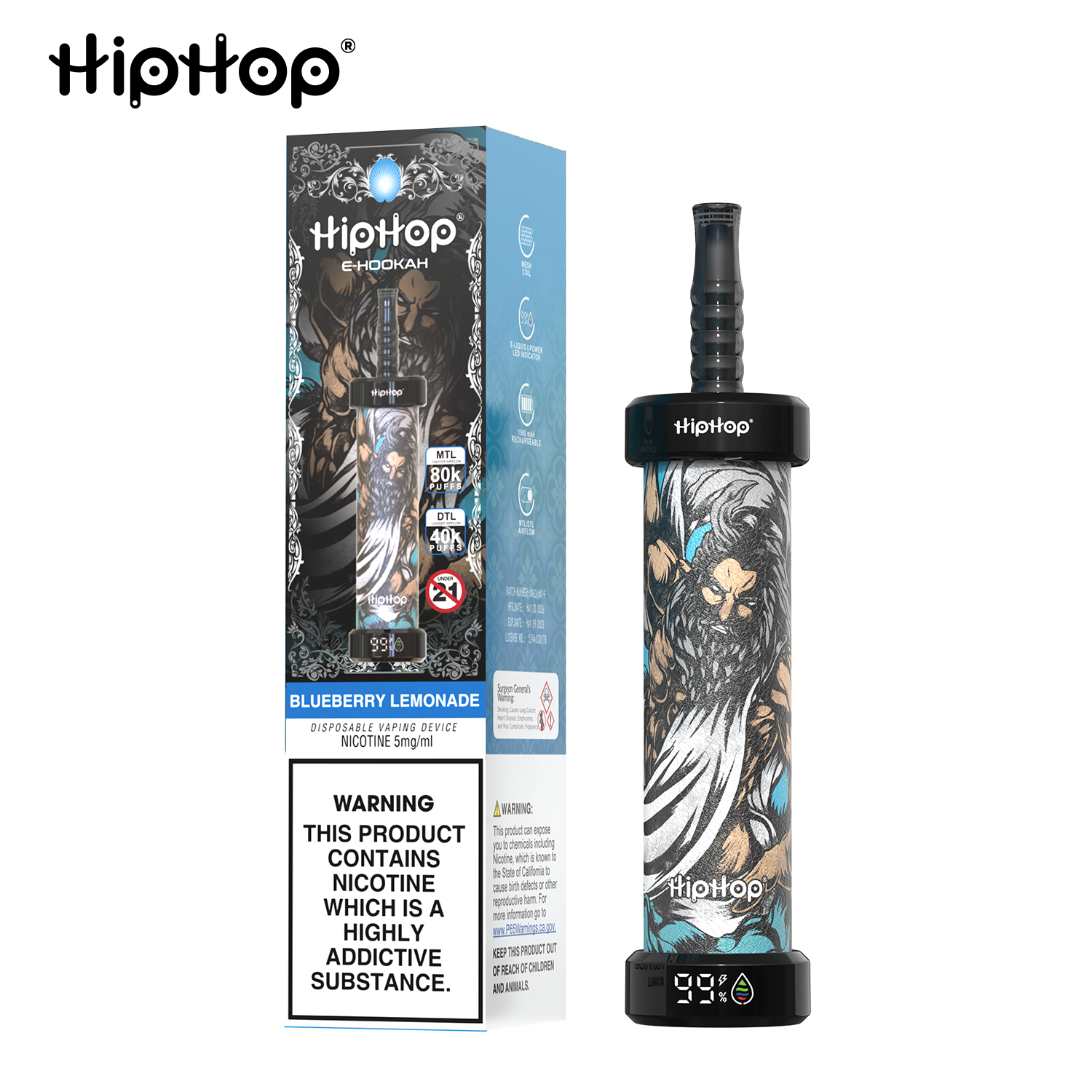 HIPHOP 80k Puffs Prefilled Hookah Vape |  Rechargeable