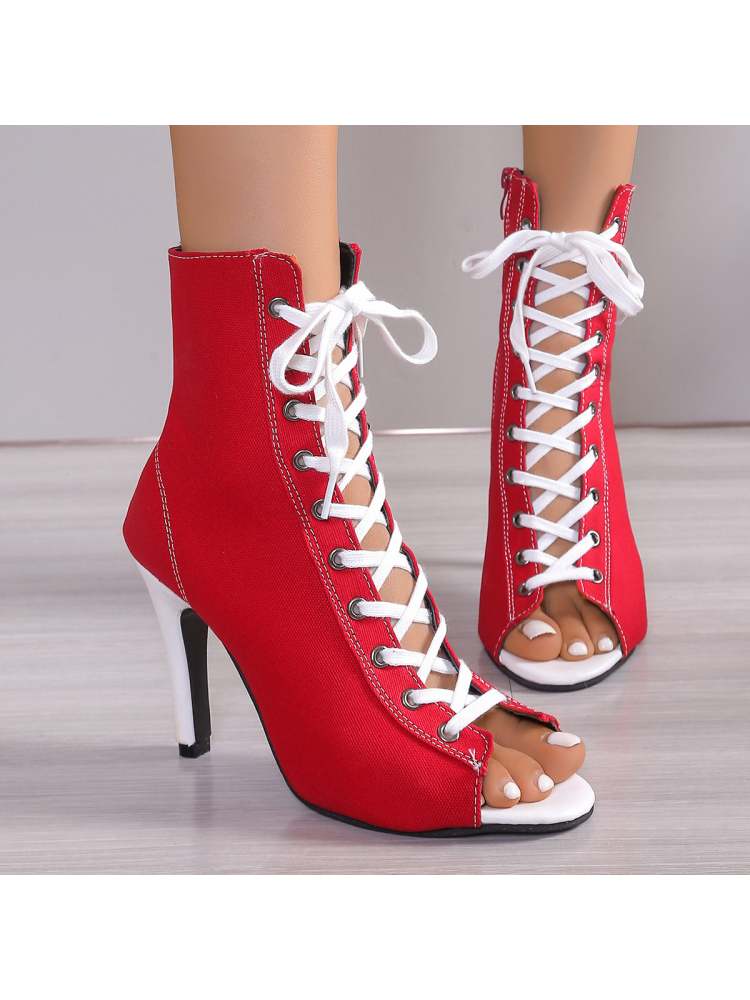 Lace Up Peep Toe Canvas Mid-Calf Heels