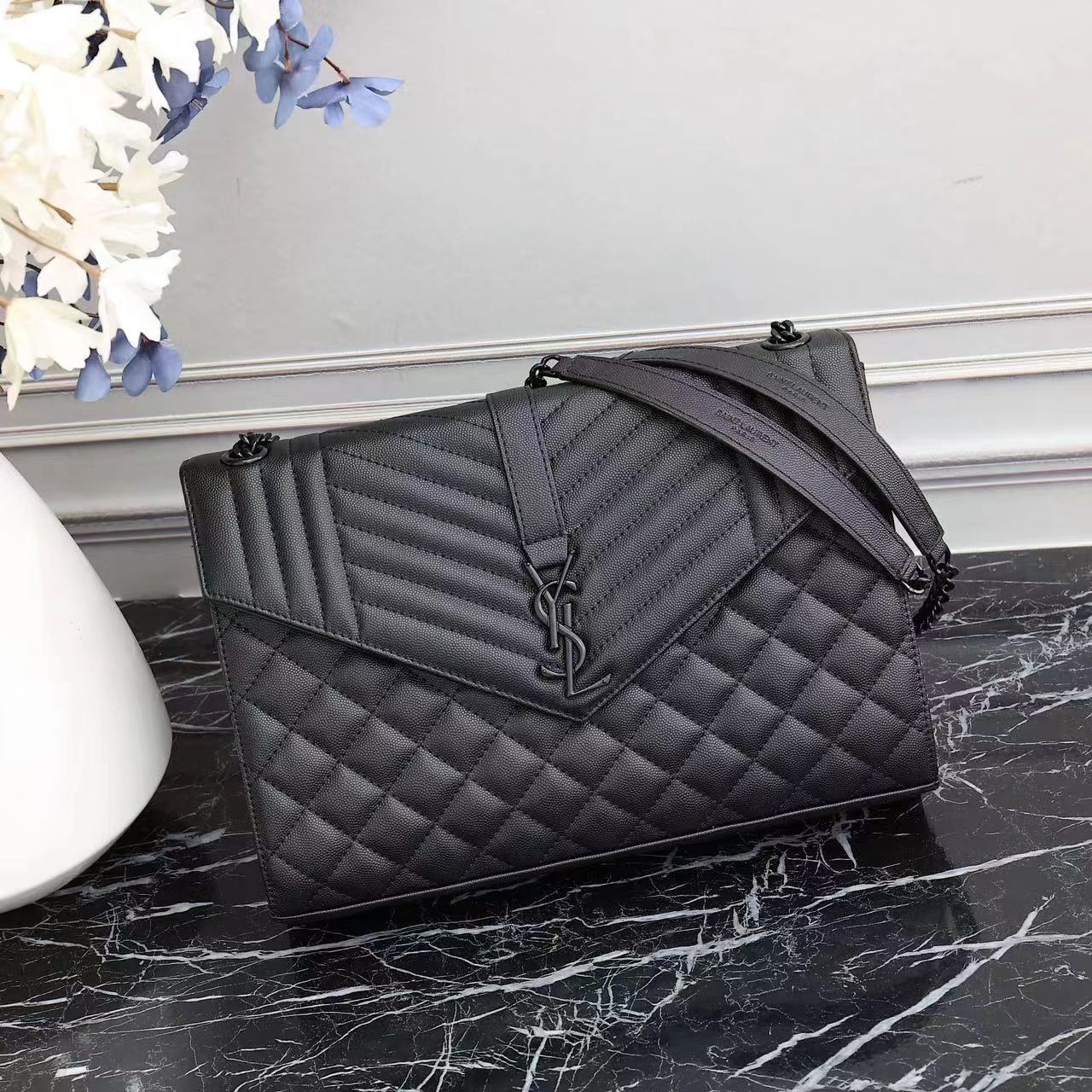 Saint Laurent Envelope Large Bag In Mix Matelasse Grain De Poudre Embossed Leather Black 31Cm